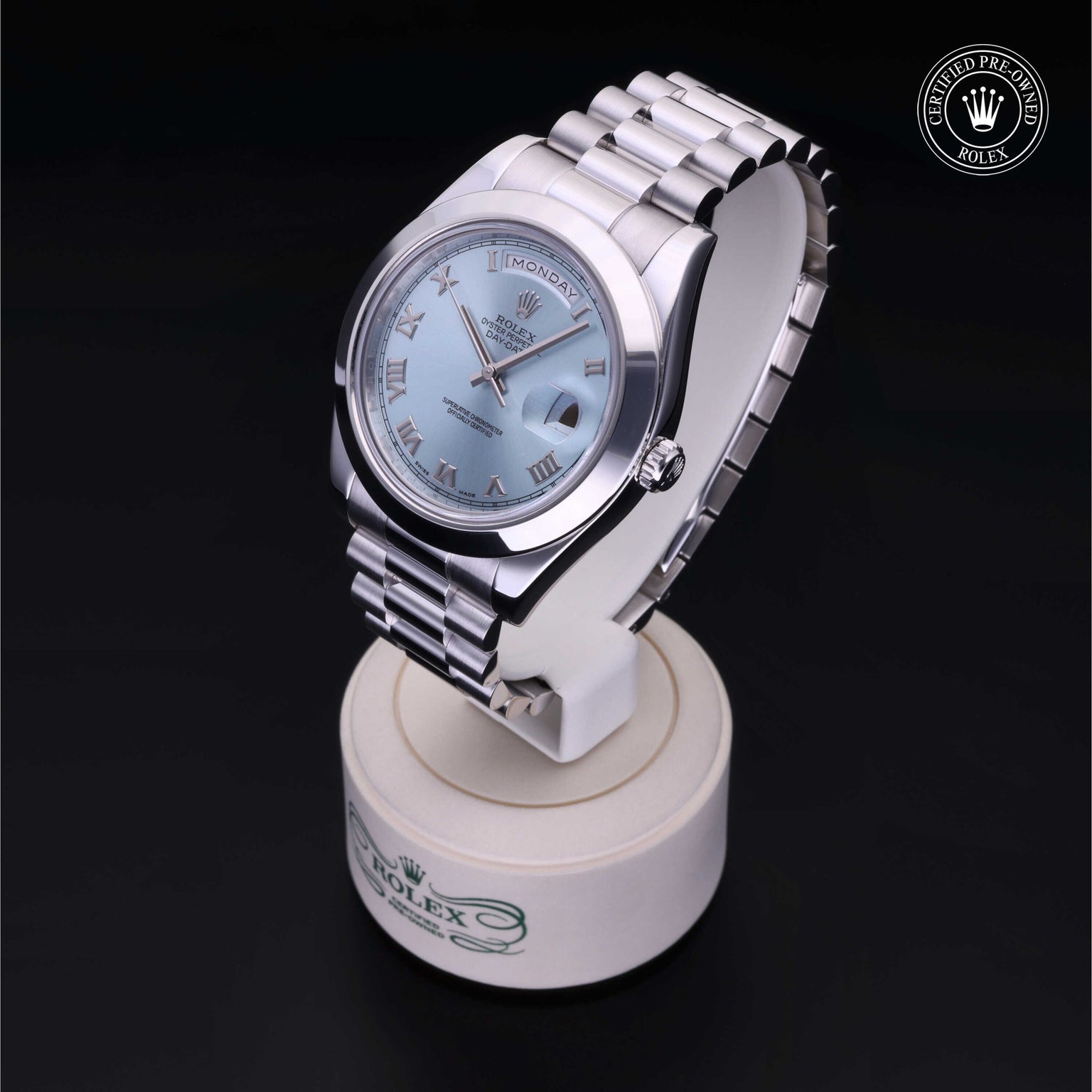 Rolex Certified Pre-owned Day-date M218206-0012 front on black background