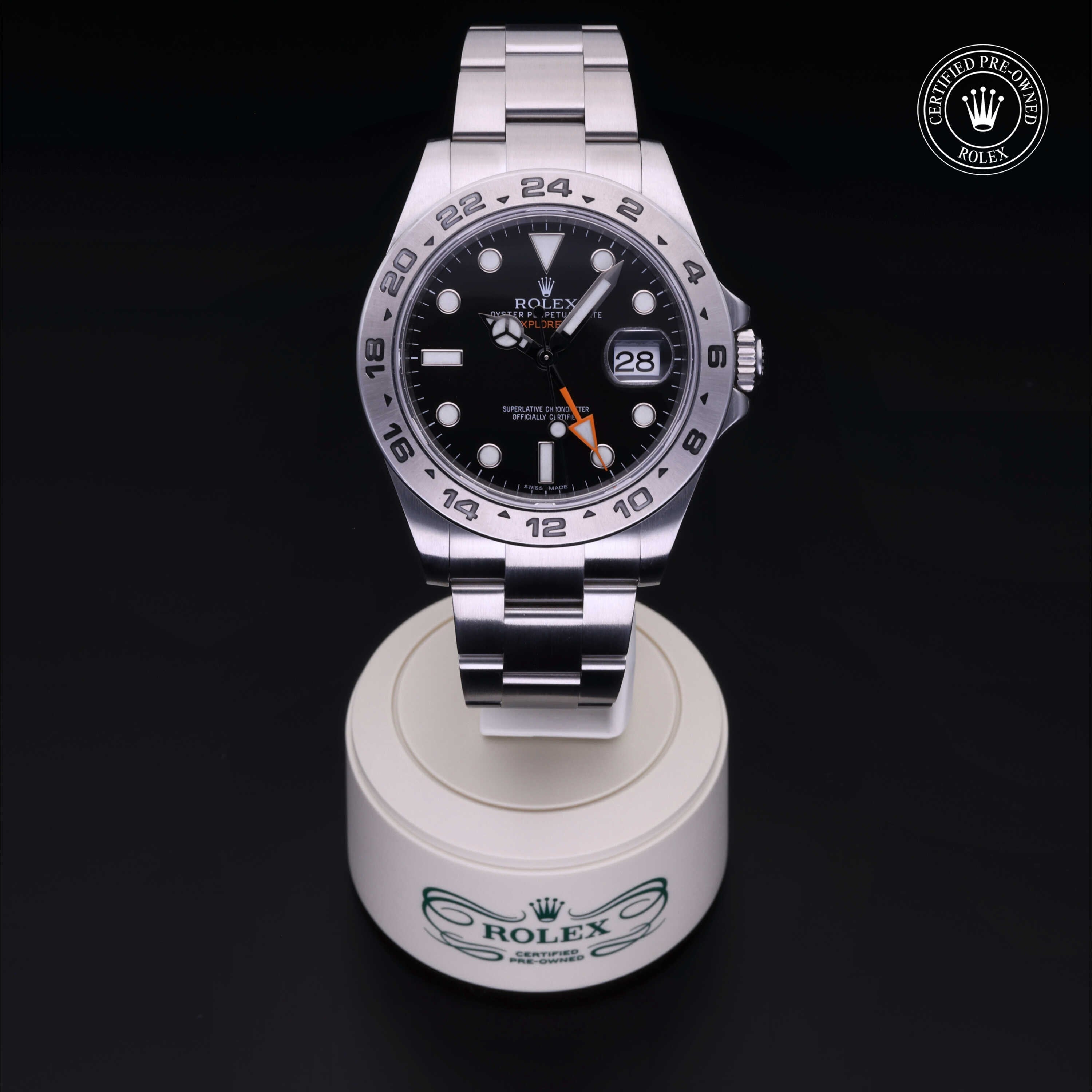 Rolex Certified Pre-owned Explorer M216570-0002 front on black background