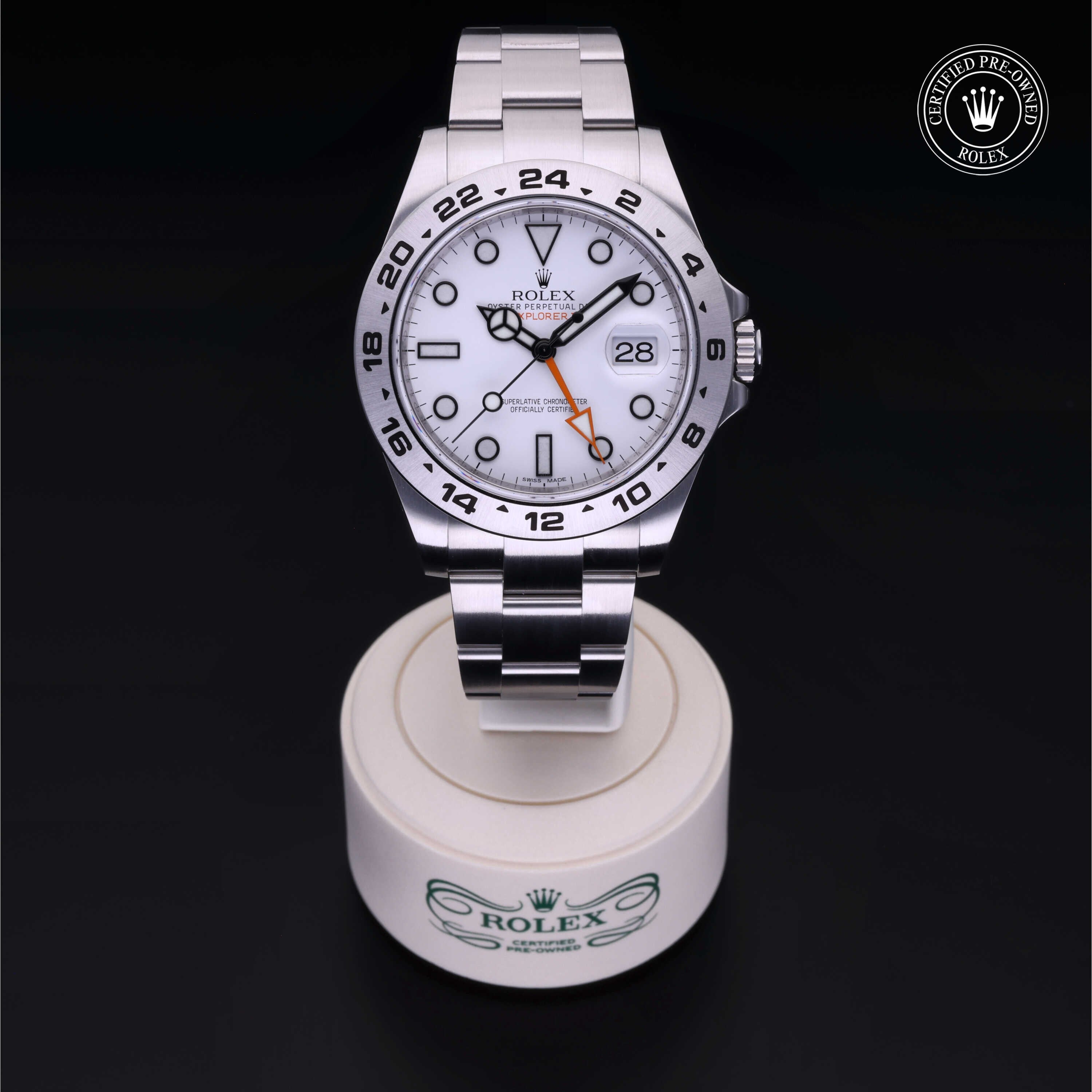 Rolex Certified Pre-owned Explorer M216570-0001 front on black background