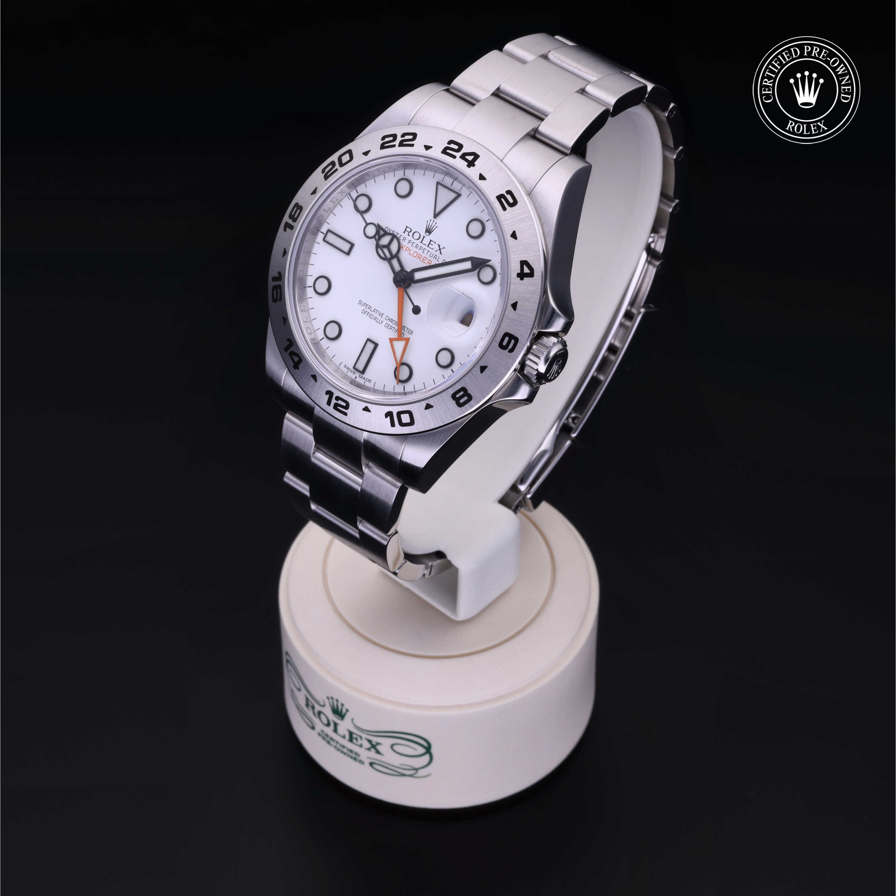 Rolex Certified Pre-owned Explorer M216570-0001 front on black background