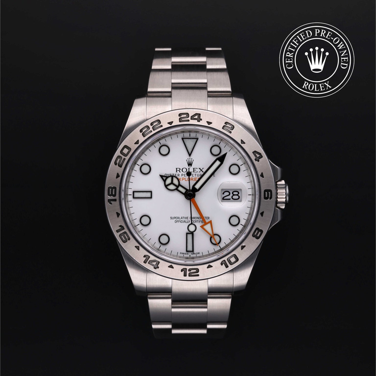 Rolex Certified Pre-owned Explorer M216570-0001 front on black background