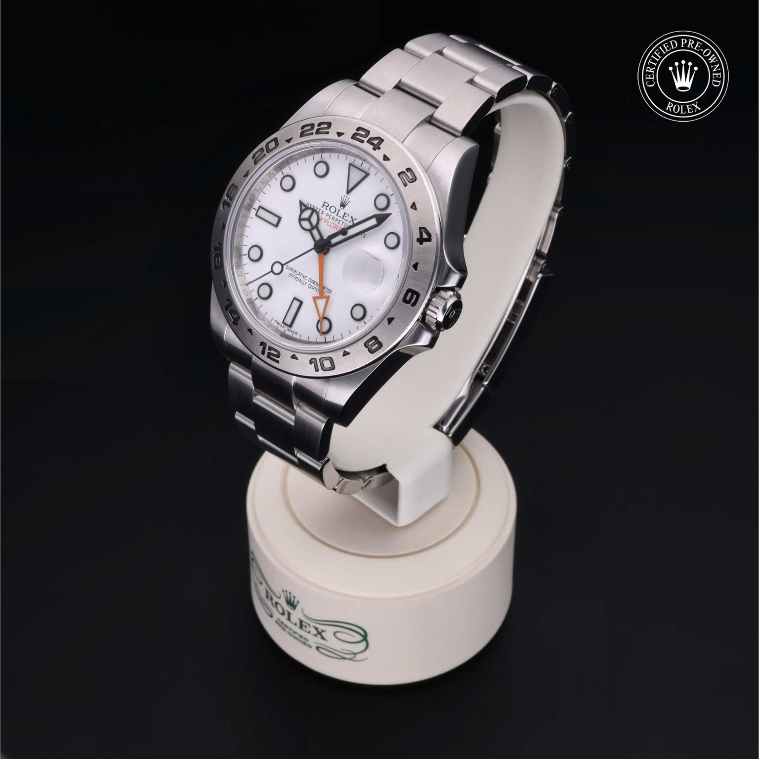 Rolex Certified Pre-owned Explorer M216570-0001 front on black background