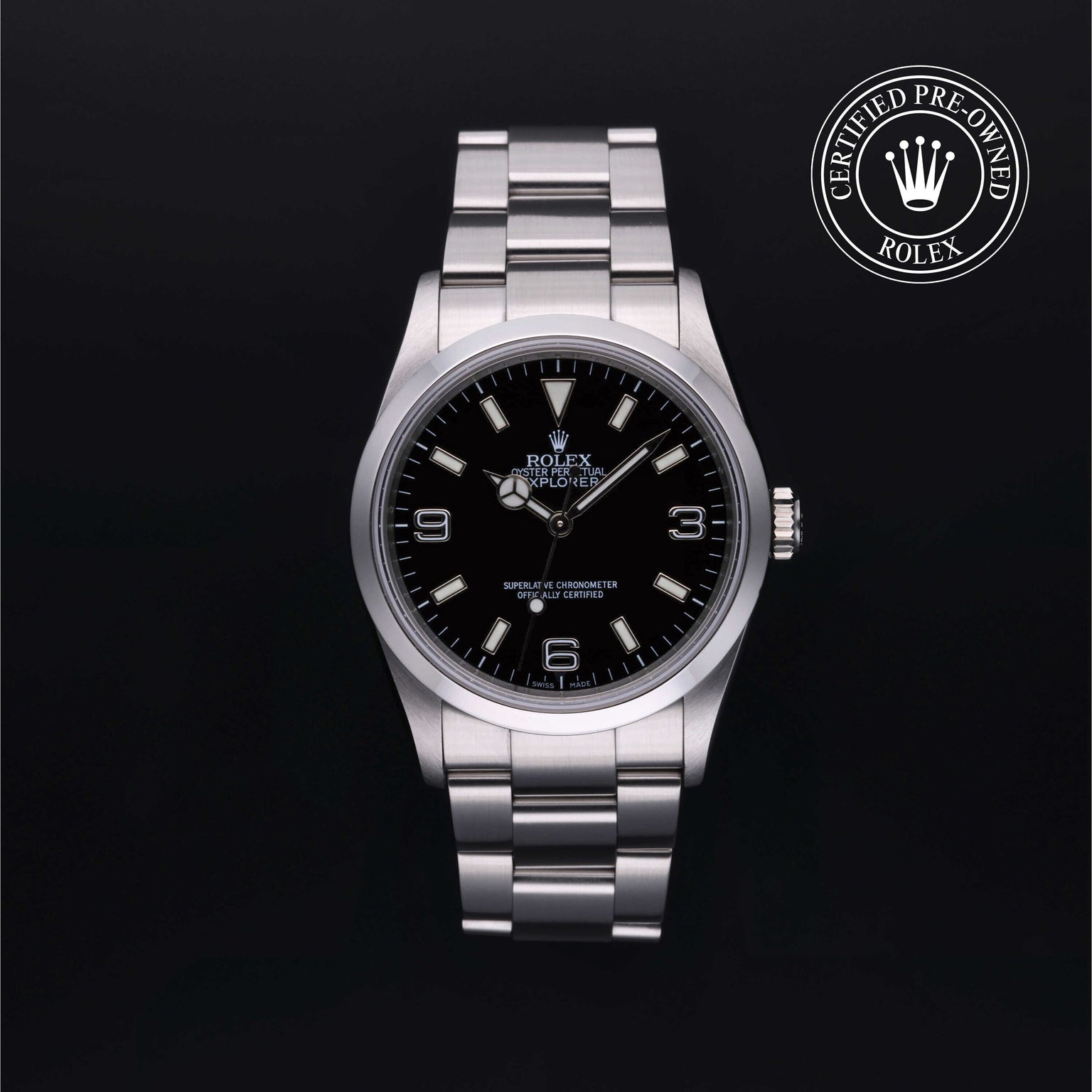 Rolex Certified Pre-owned Explorer M114270-0002 front on black background