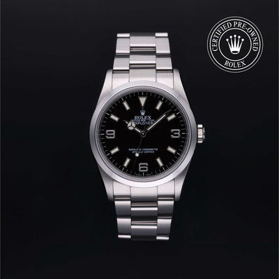 Rolex Certified Pre-owned Explorer M114270-0002 front on black background