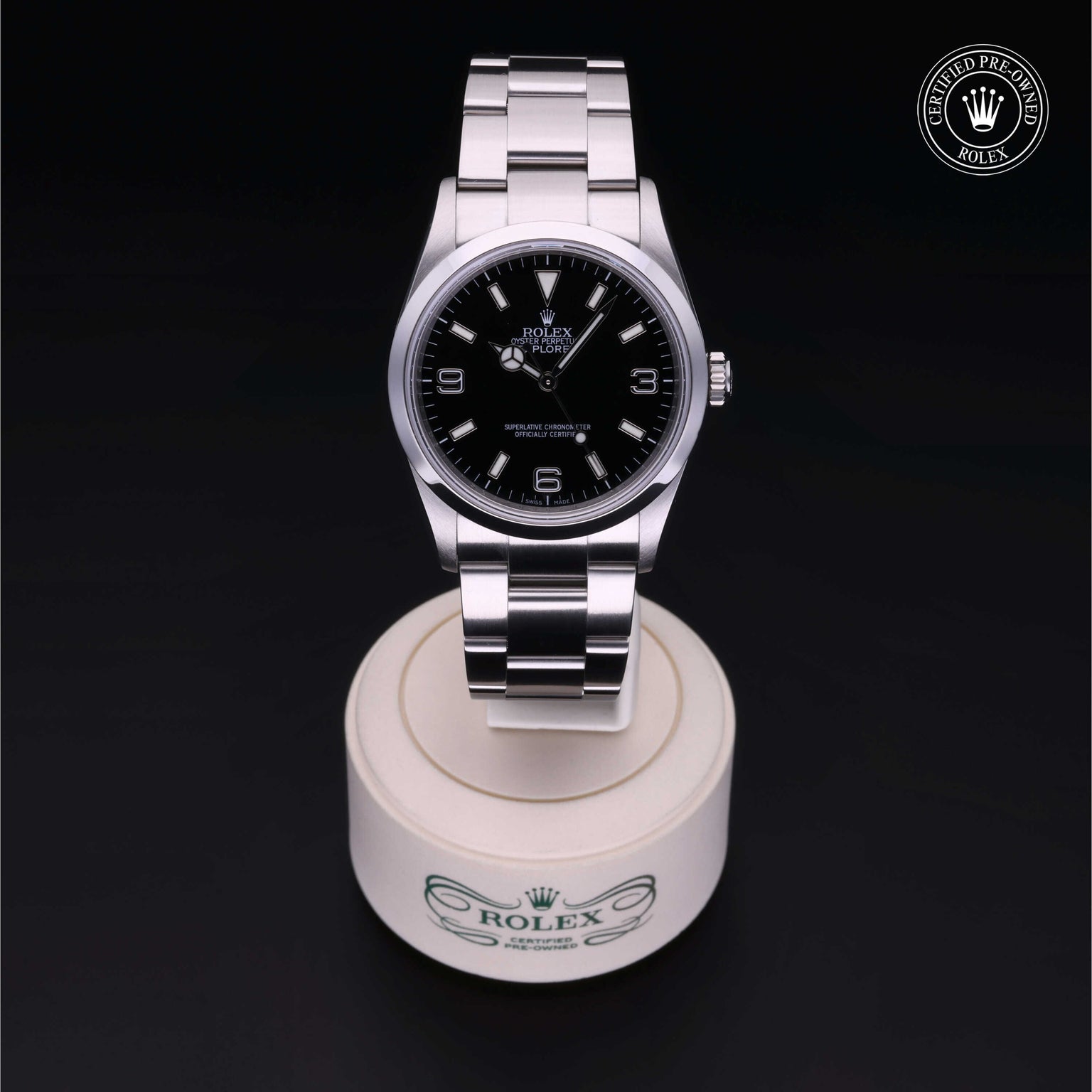 Rolex Certified Pre-owned Explorer M114270-0002 front on black background
