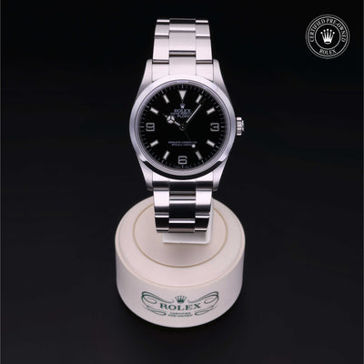 Rolex Certified Pre-owned Explorer M114270-0002 front on black background