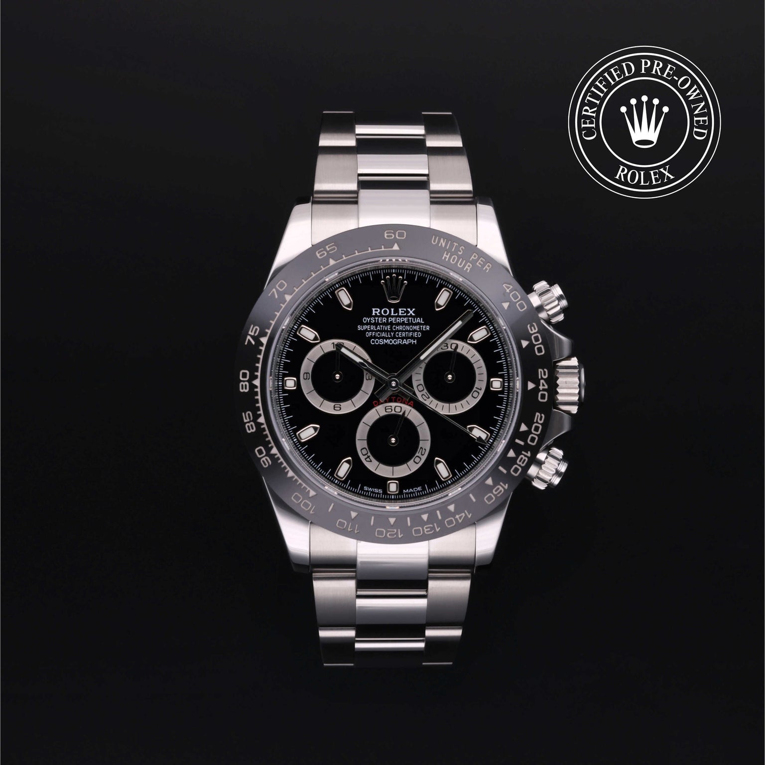 Rolex Certified Pre-owned Daytona M116500LN-0002 front on black background