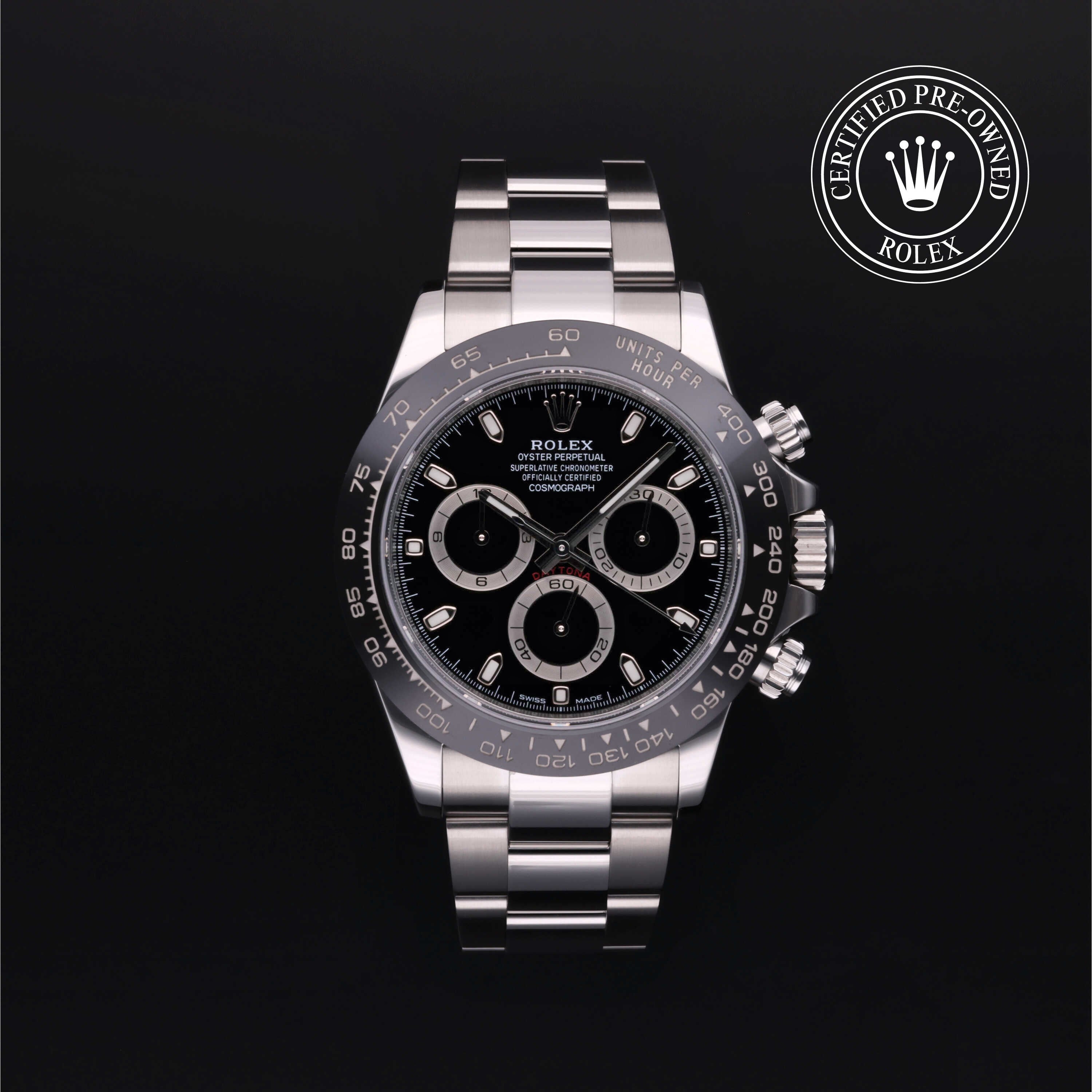 Rolex Certified Pre-owned Daytona M116500LN-0002 front on black background