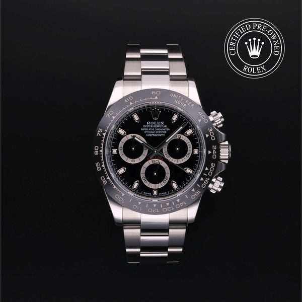 Rolex Certified Pre-owned Daytona M116500LN-0002 front on black background