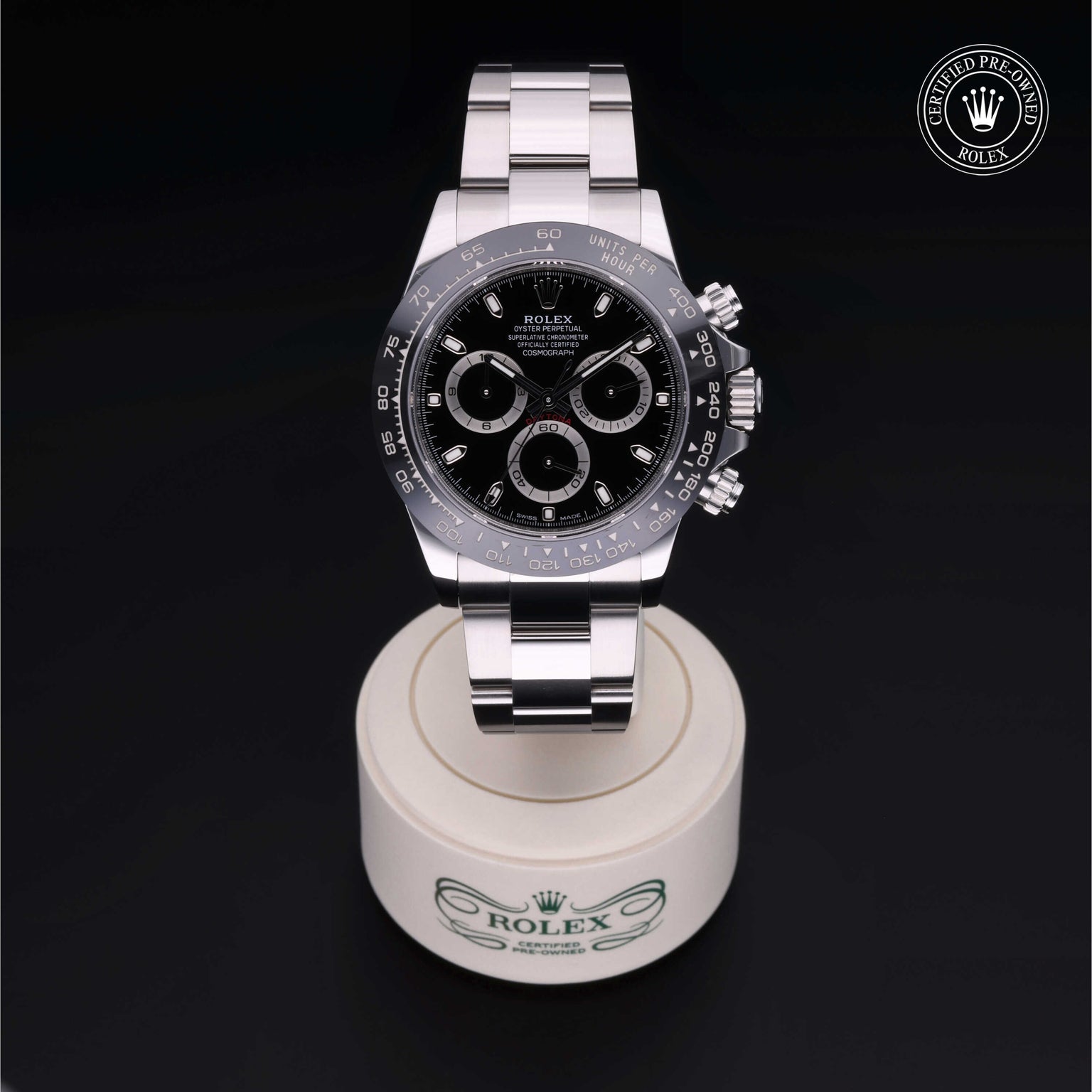 Rolex Certified Pre-owned Daytona M116500LN-0002 front on black background