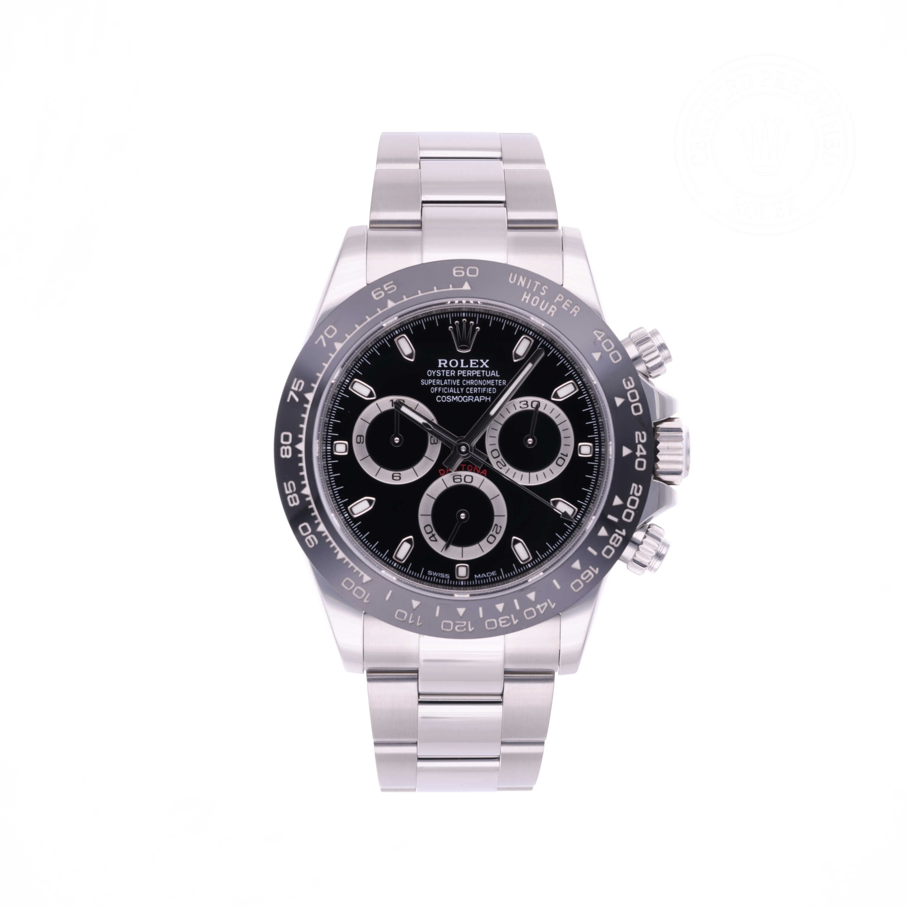 Rolex Certified Pre-owned Daytona M116500LN-0002 front on white background