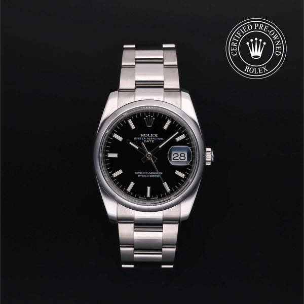 Rolex Certified Pre-owned Date M115200-0004 front on black background