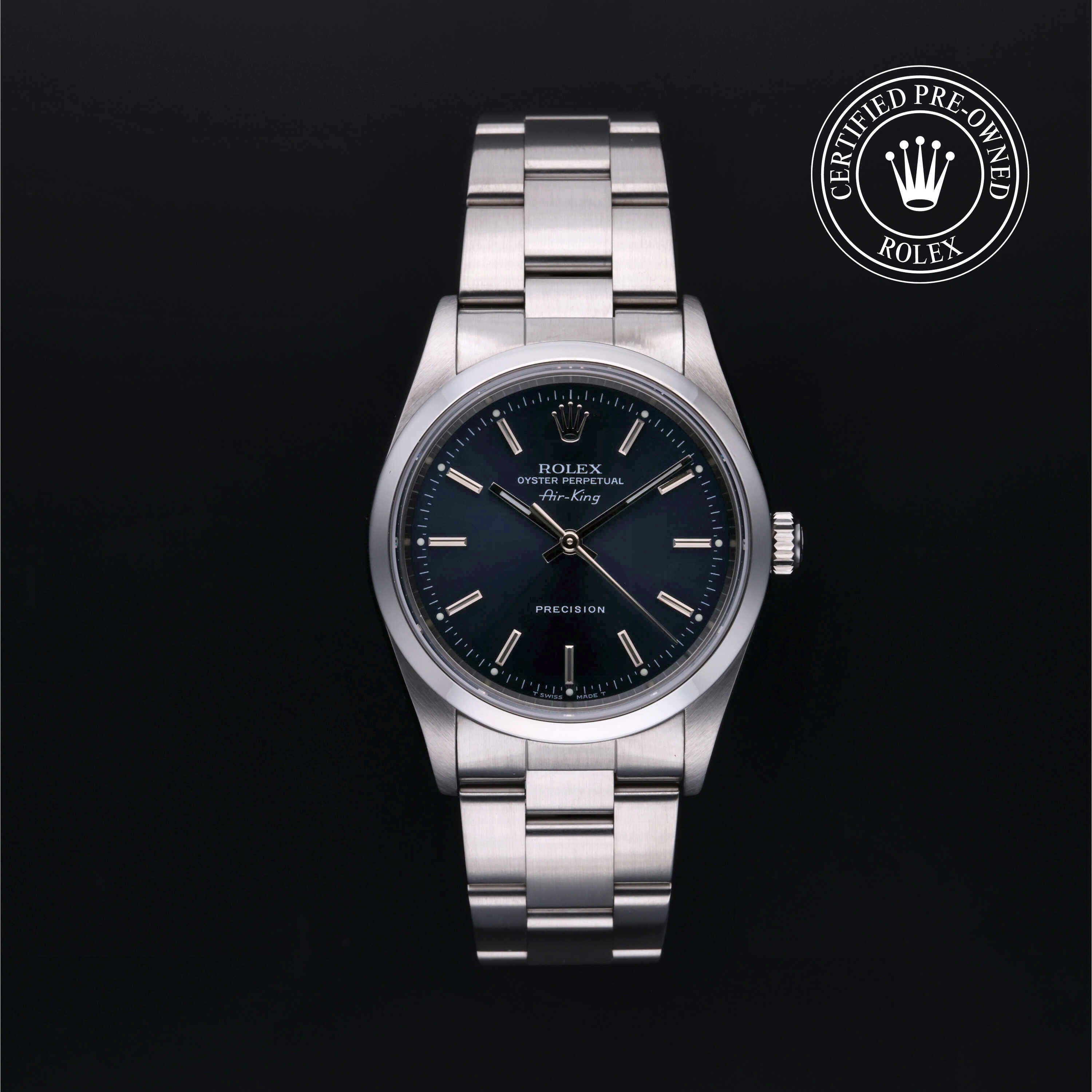 Rolex Certified Pre-owned Air-King M14000-0004 front on black background