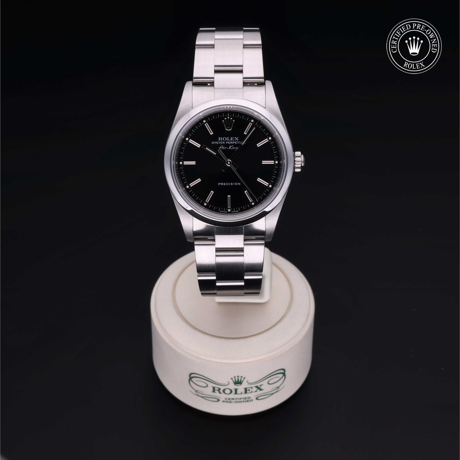 Rolex Certified Pre-owned Air-King M14000M-0009 front on black background