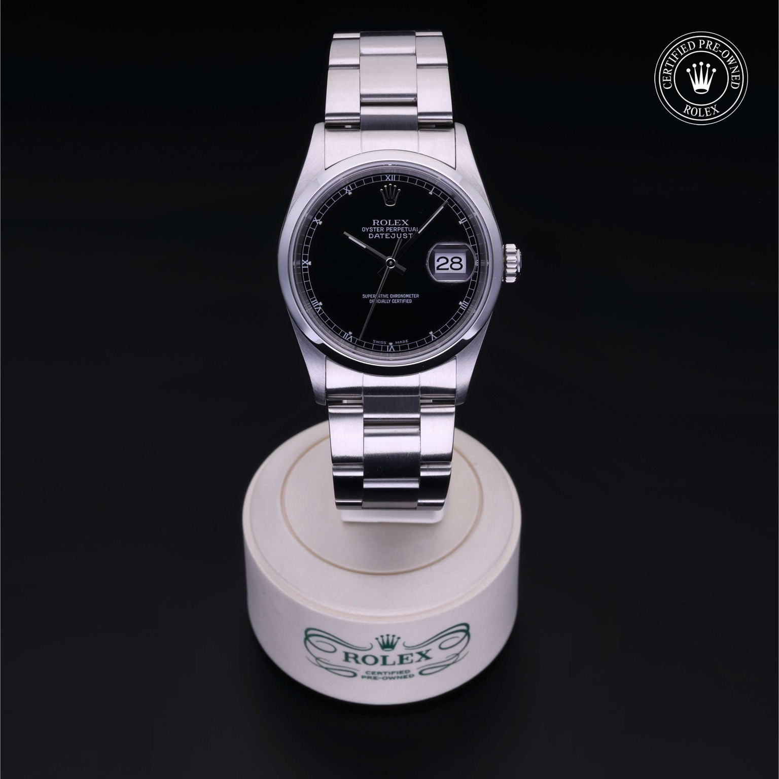 Rolex Certified Pre-owned Datejust M16200-0037 front on black background