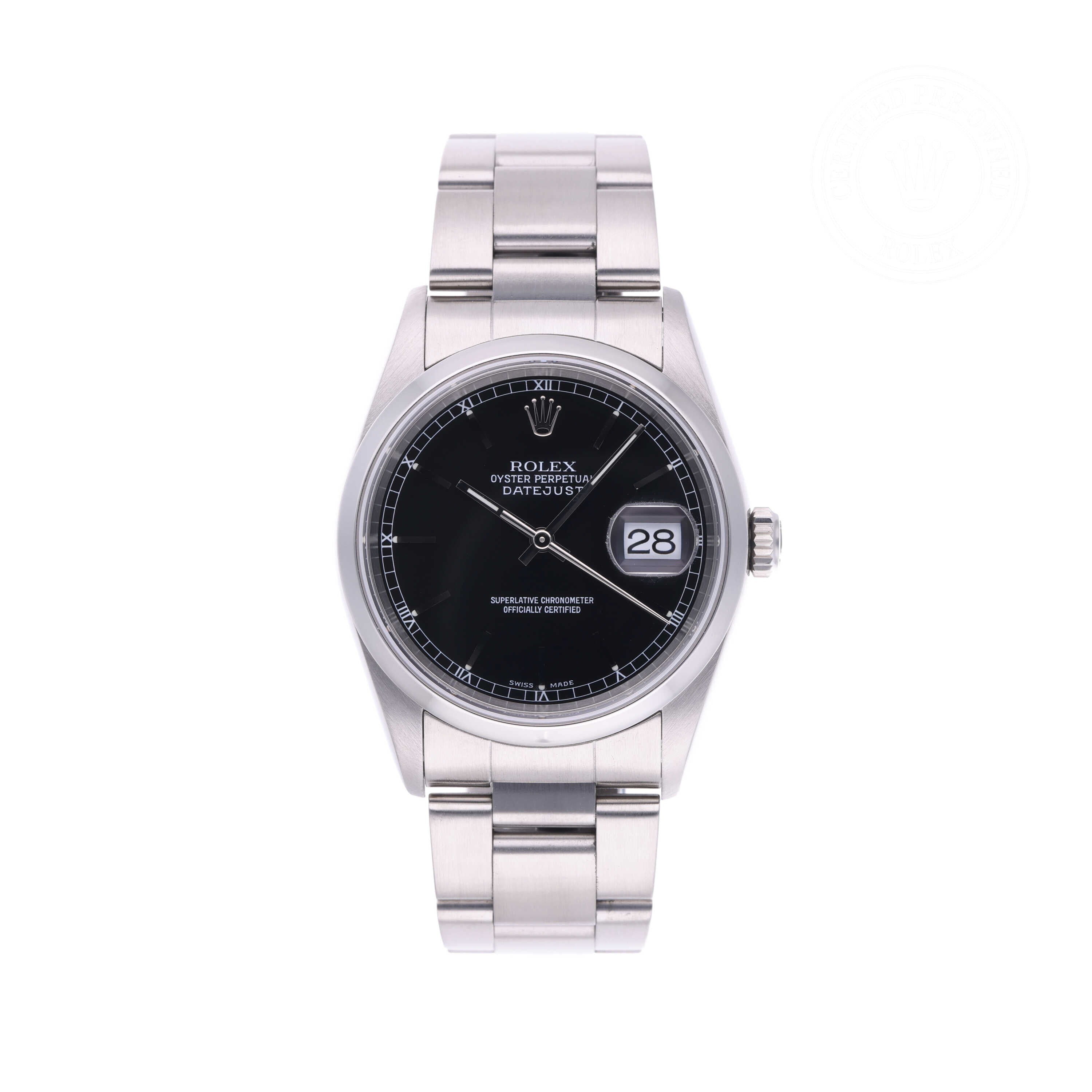 Rolex Certified Pre-owned Datejust M16200-0037 front on white background