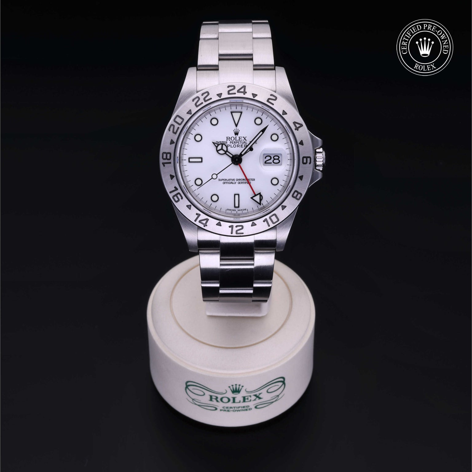 Rolex Certified Pre-owned Explorer M16570-0006 front on black background