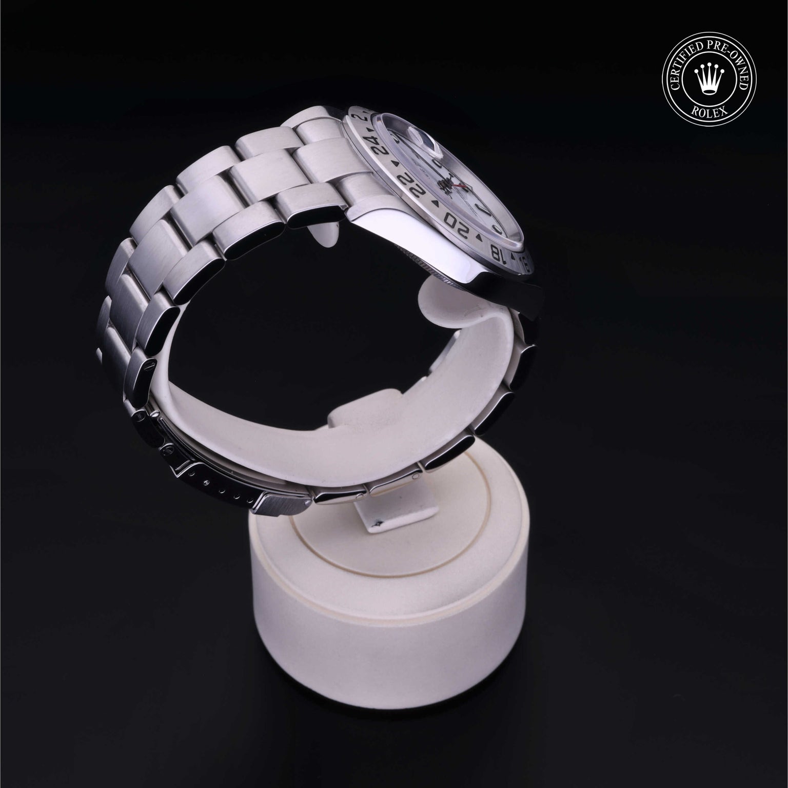 Rolex Certified Pre-owned Explorer M16570-0006 front on black background