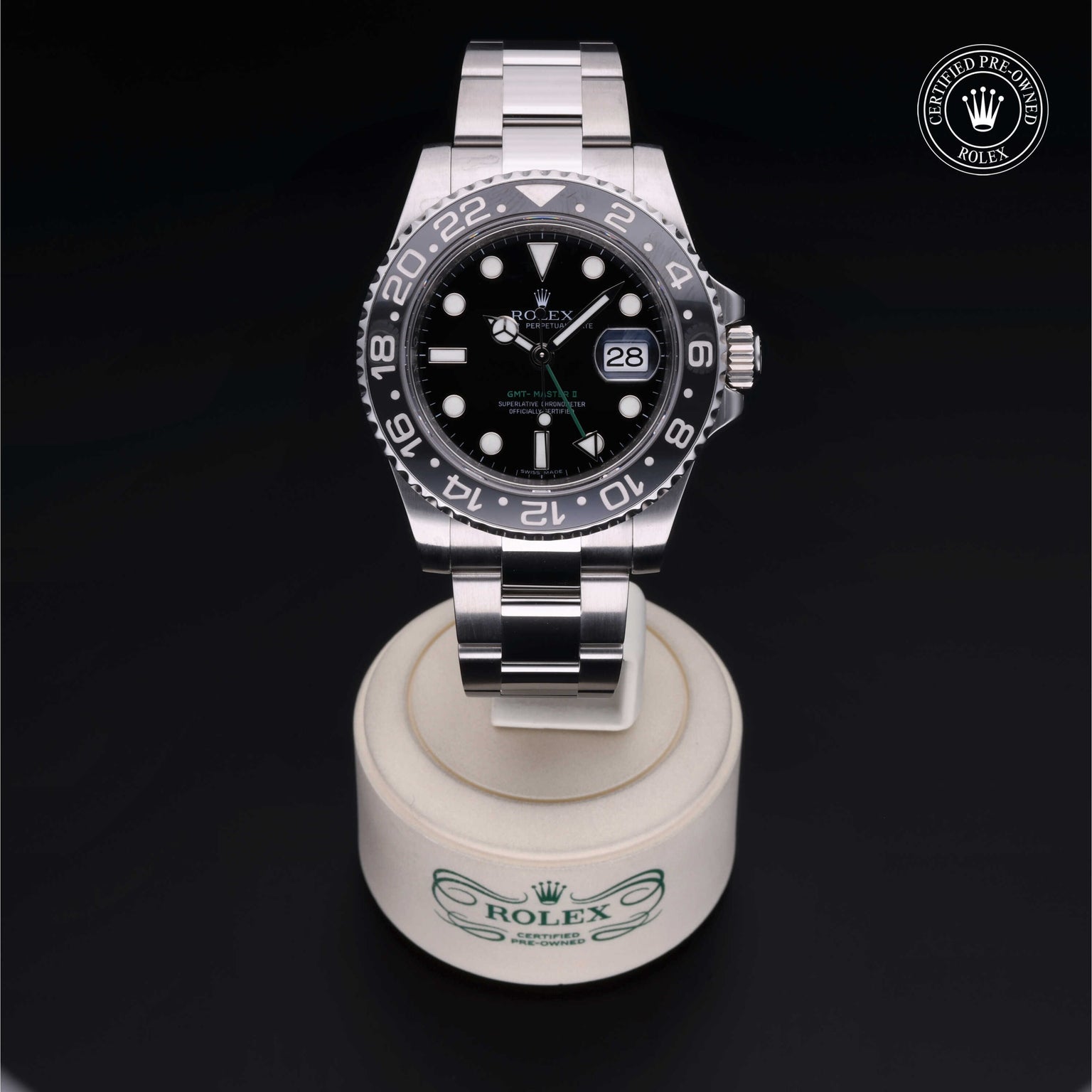 Rolex Certified Pre-owned GMT M116710LN-0001 front on black background
