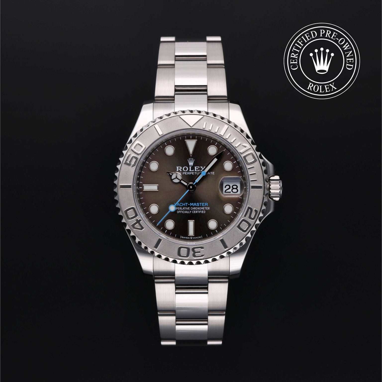 Rolex Certified Pre-owned Yacht-Master M268622-0002 front on black background