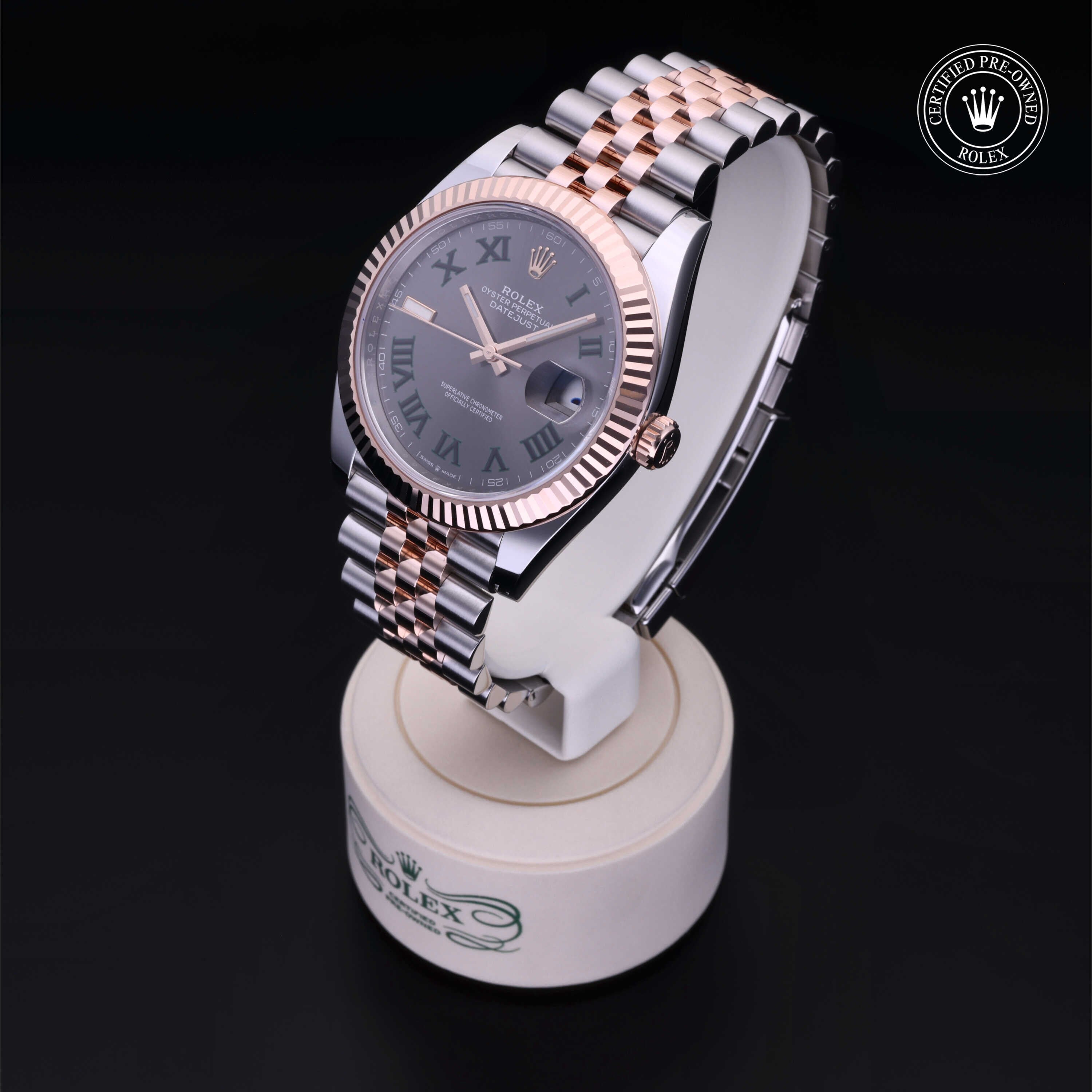 Rolex Certified Pre-owned Datejust M126331-0016 front on black background