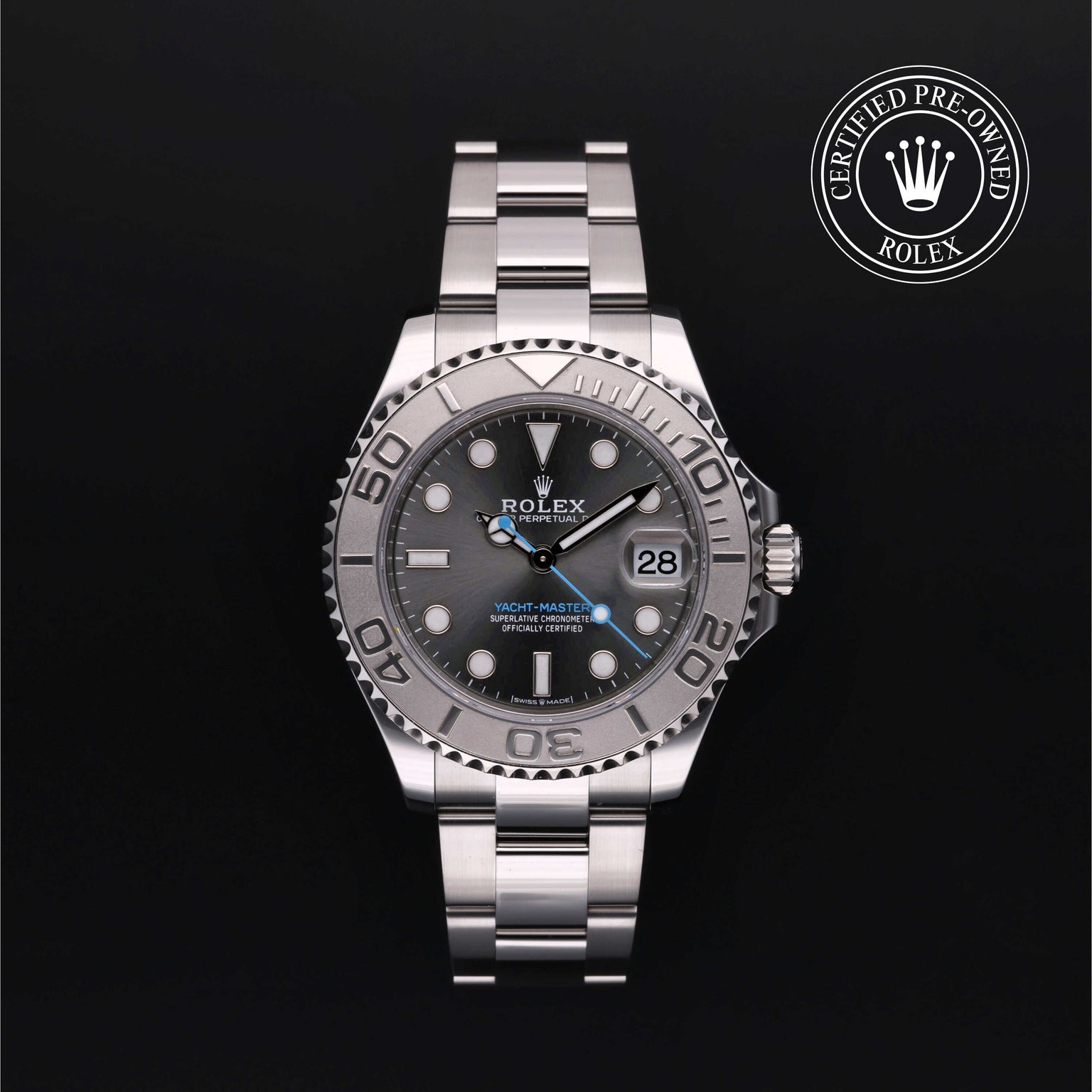 Rolex Certified Pre-owned Yacht-Master M268622-0002 front on black background