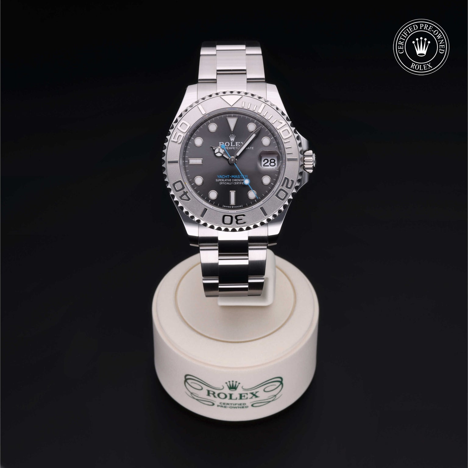 Rolex Certified Pre-owned Yacht-Master M268622-0002 front on black background