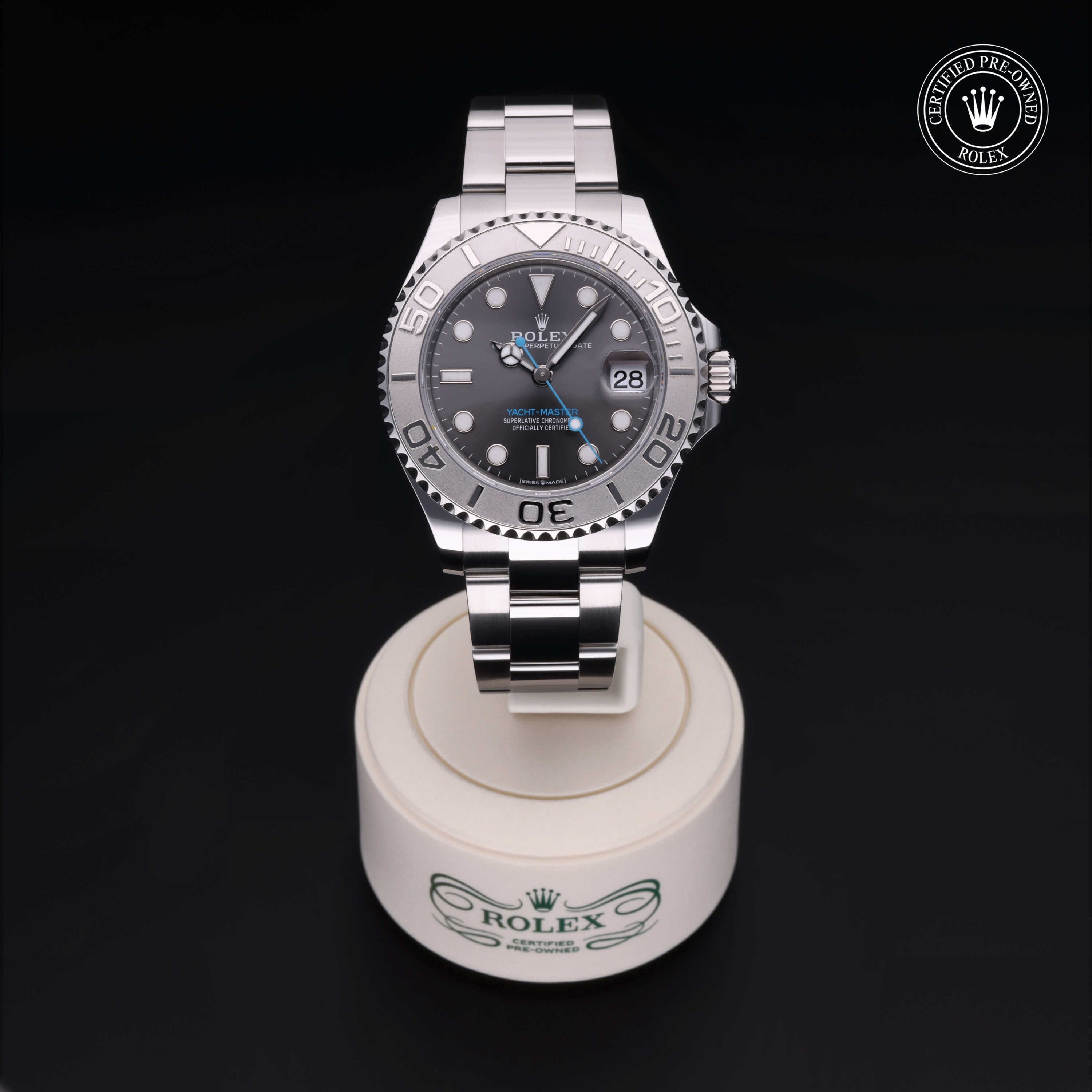 Rolex Certified Pre-owned Yacht-Master M268622-0002 front on black background