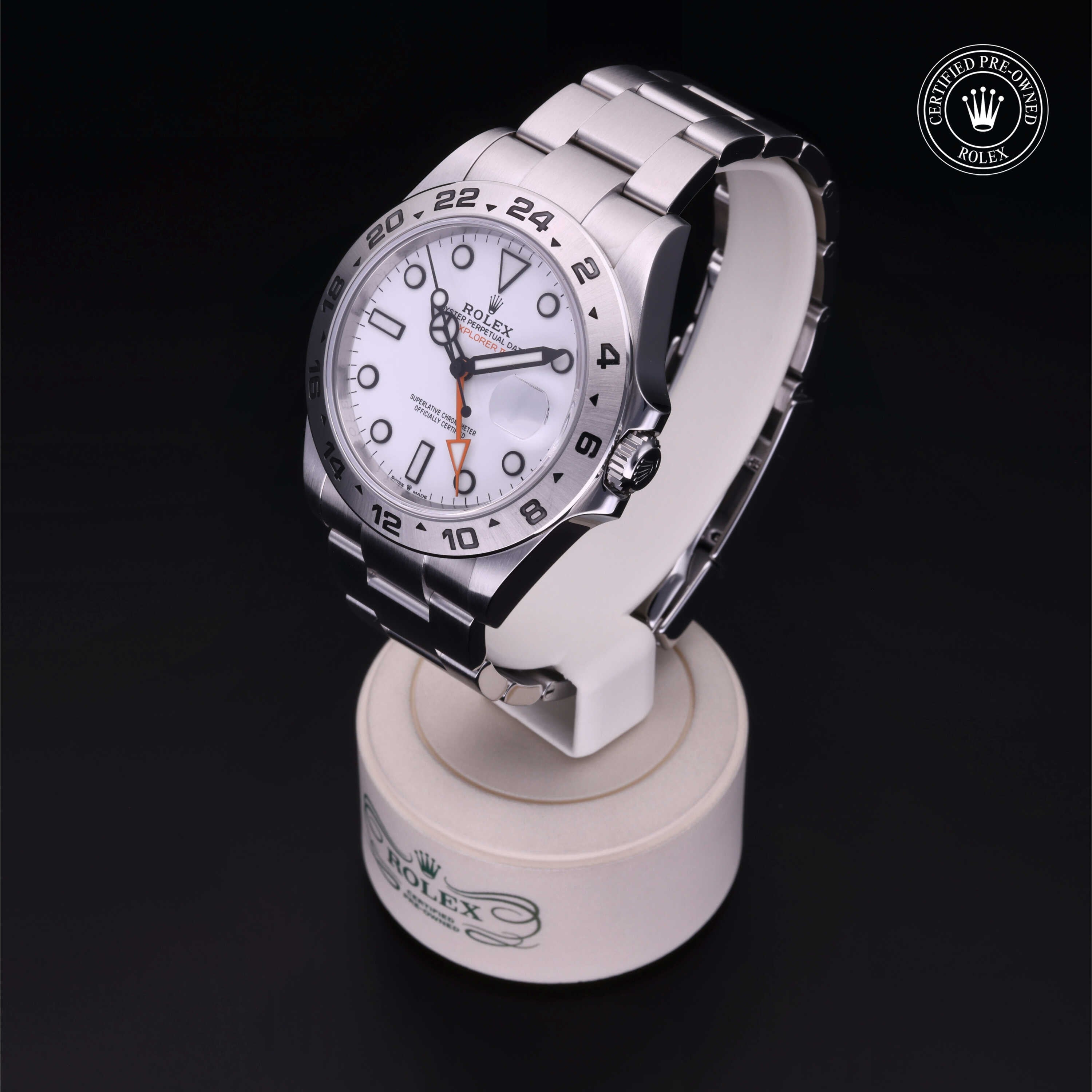 Rolex Certified Pre-owned Explorer M226570-0001 front on black background