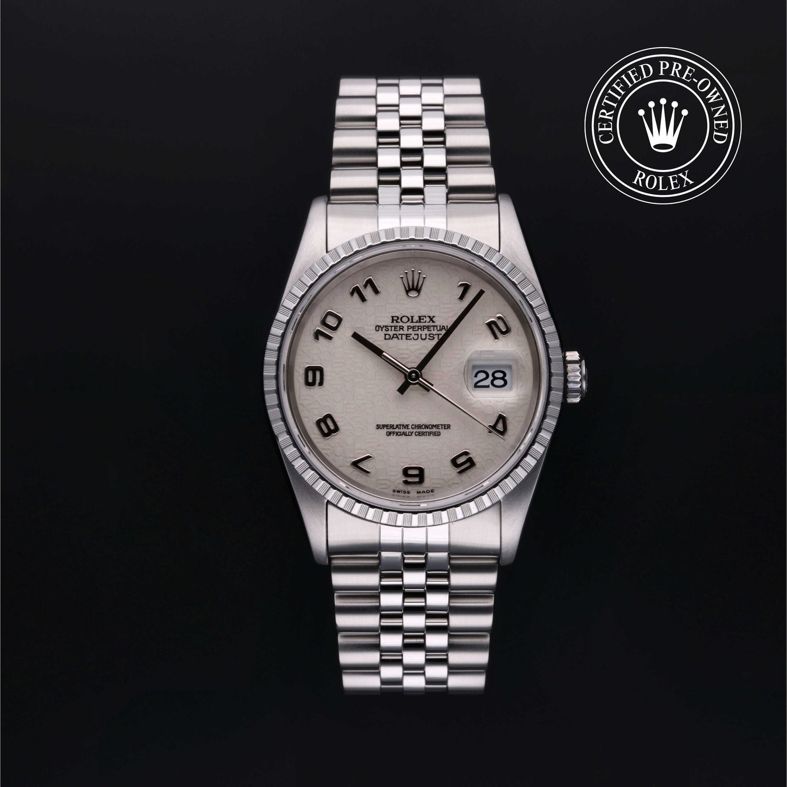 Rolex Certified Pre-owned Datejust M16220-0032 front on black background