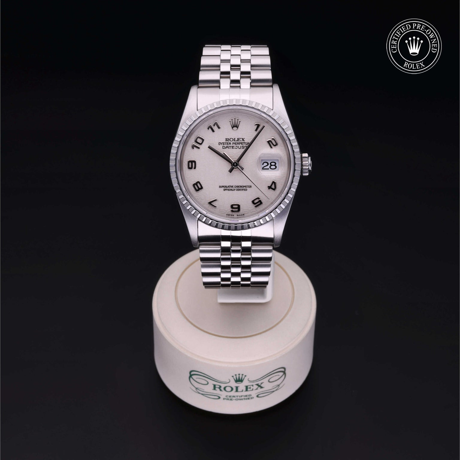 Rolex Certified Pre-owned Datejust M16220-0032 front on black background