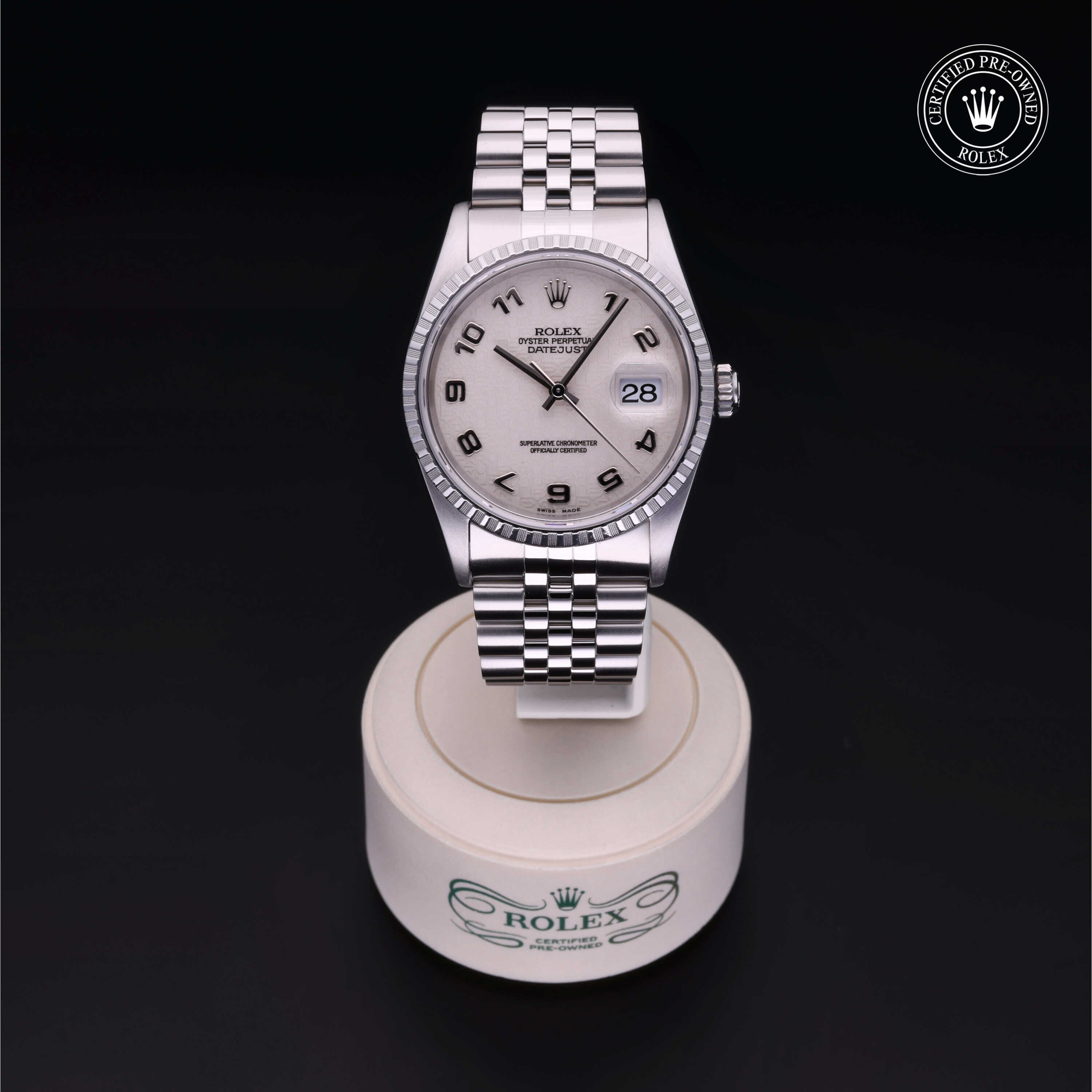 Rolex Certified Pre-owned Datejust M16220-0032 front on black background