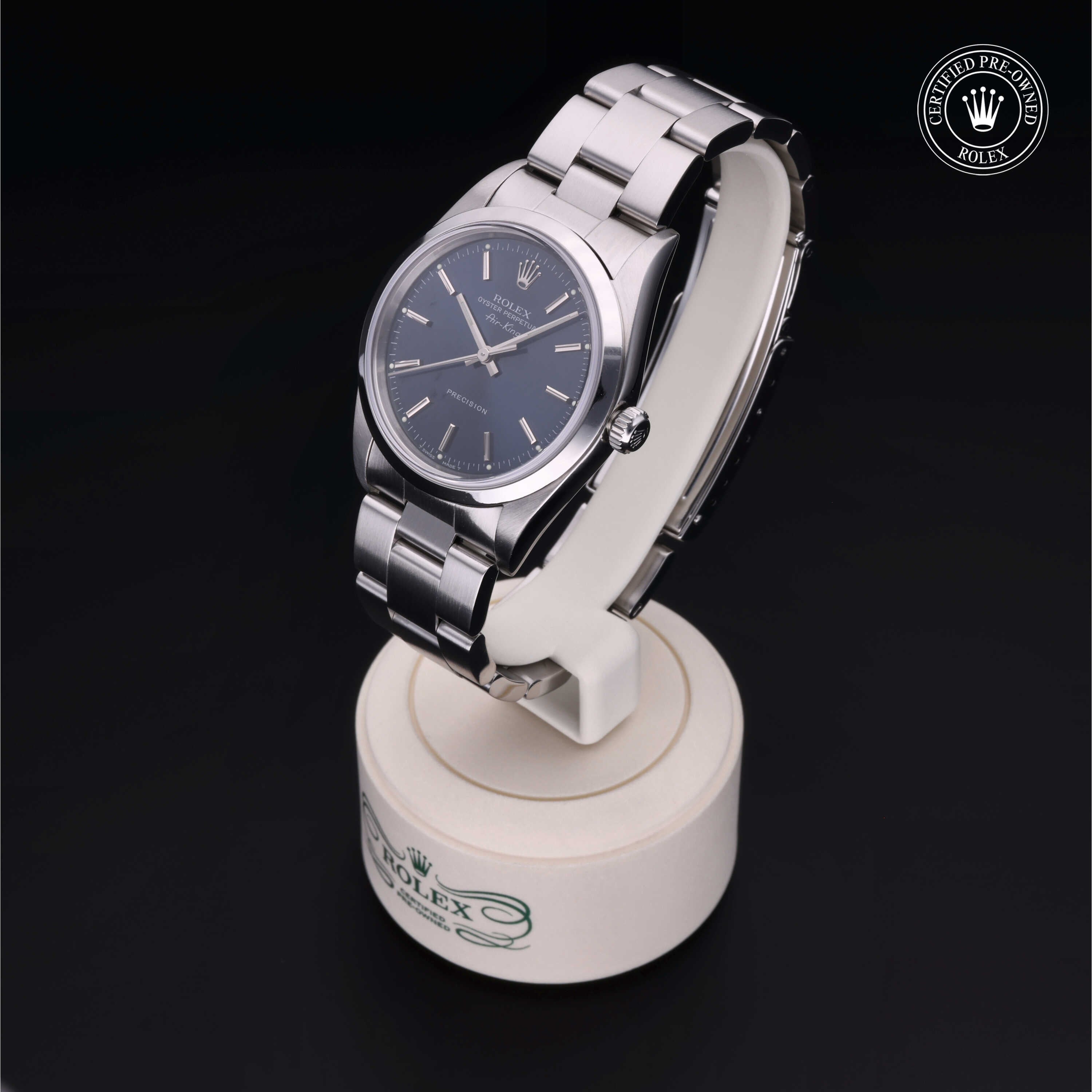 Rolex Certified Pre-owned Air-King M14000-0004 front on black background