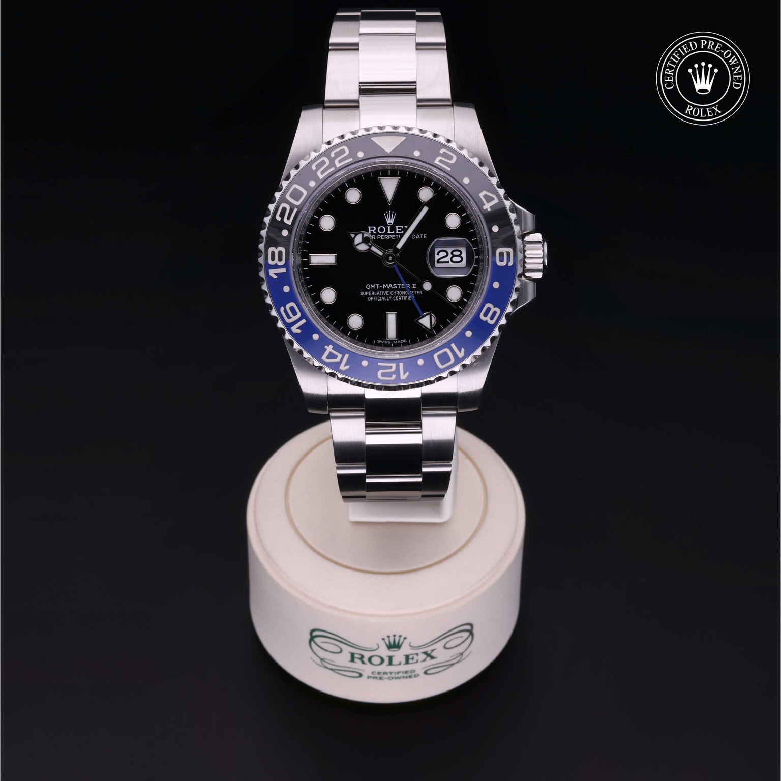 Rolex Certified Pre-owned GMT M116710BLNR-0002 front on black background