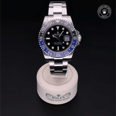 Rolex Certified Pre-owned GMT M116710BLNR-0002 front on black background