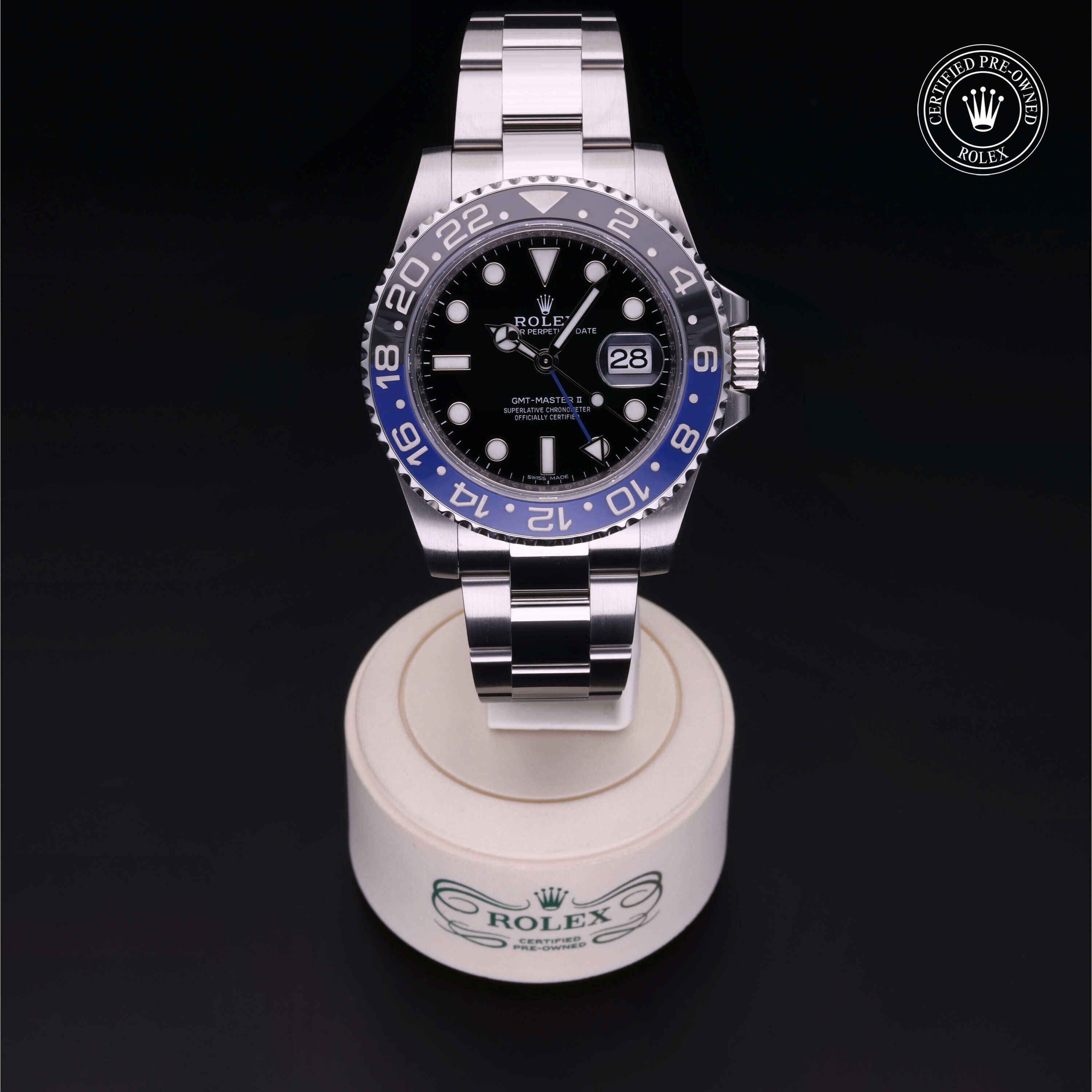 Rolex Certified Pre-owned GMT M116710BLNR-0002 front on black background