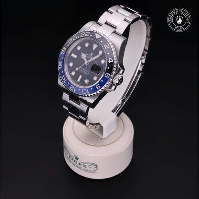 Rolex Certified Pre-owned GMT M116710BLNR-0002 front on black background