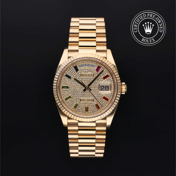 Rolex Certified Pre-owned Day-date M128238-0051 front on black background