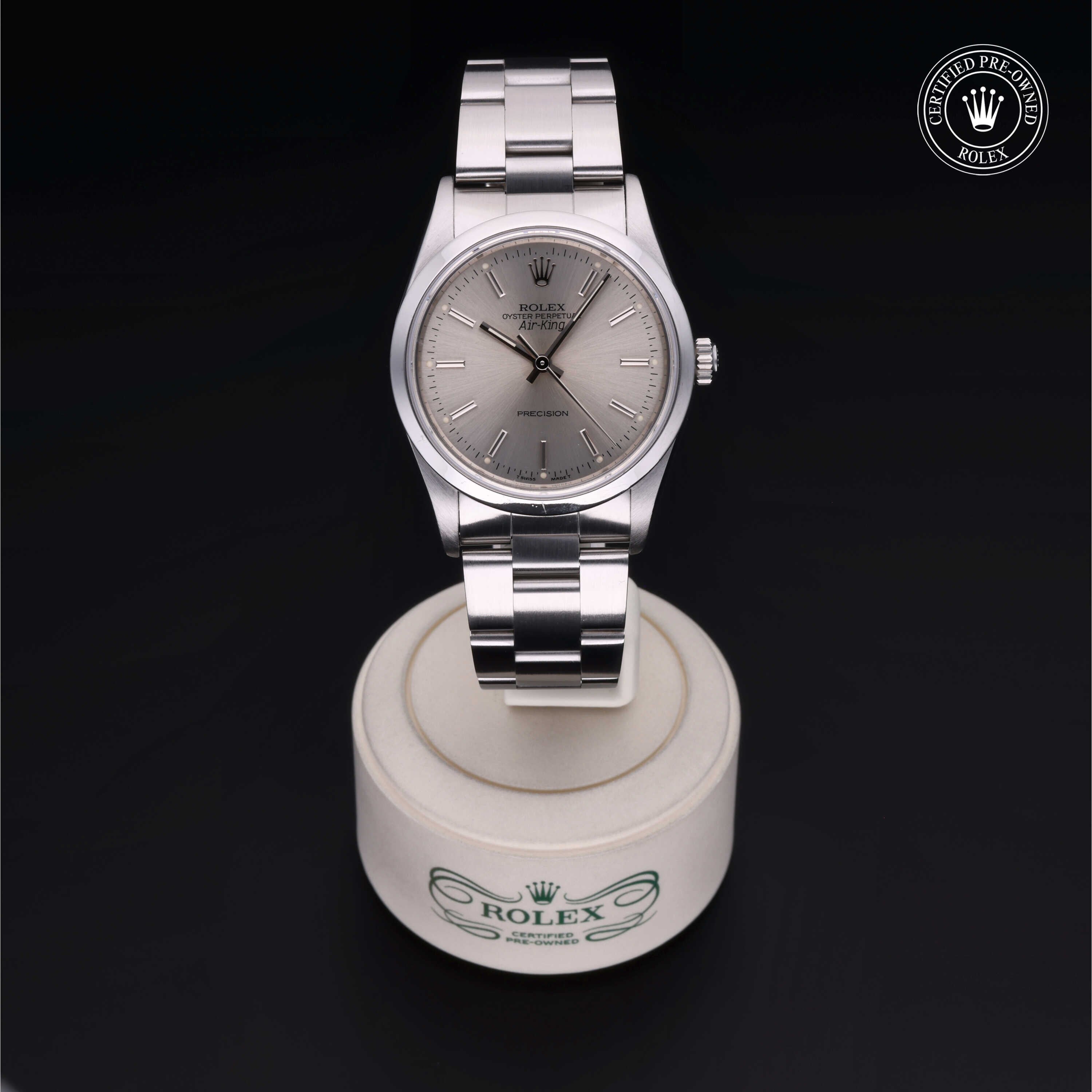 Rolex Certified Pre-owned Air-King M14000-0001 front on black background