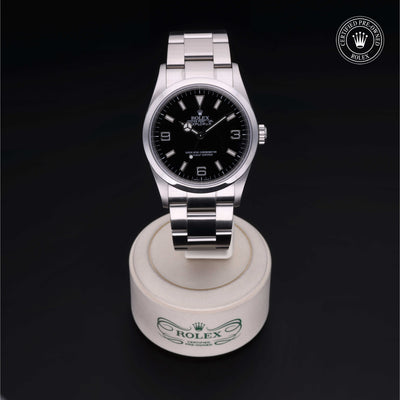 Rolex Certified Pre-owned Explorer M114270-0002 front on black background