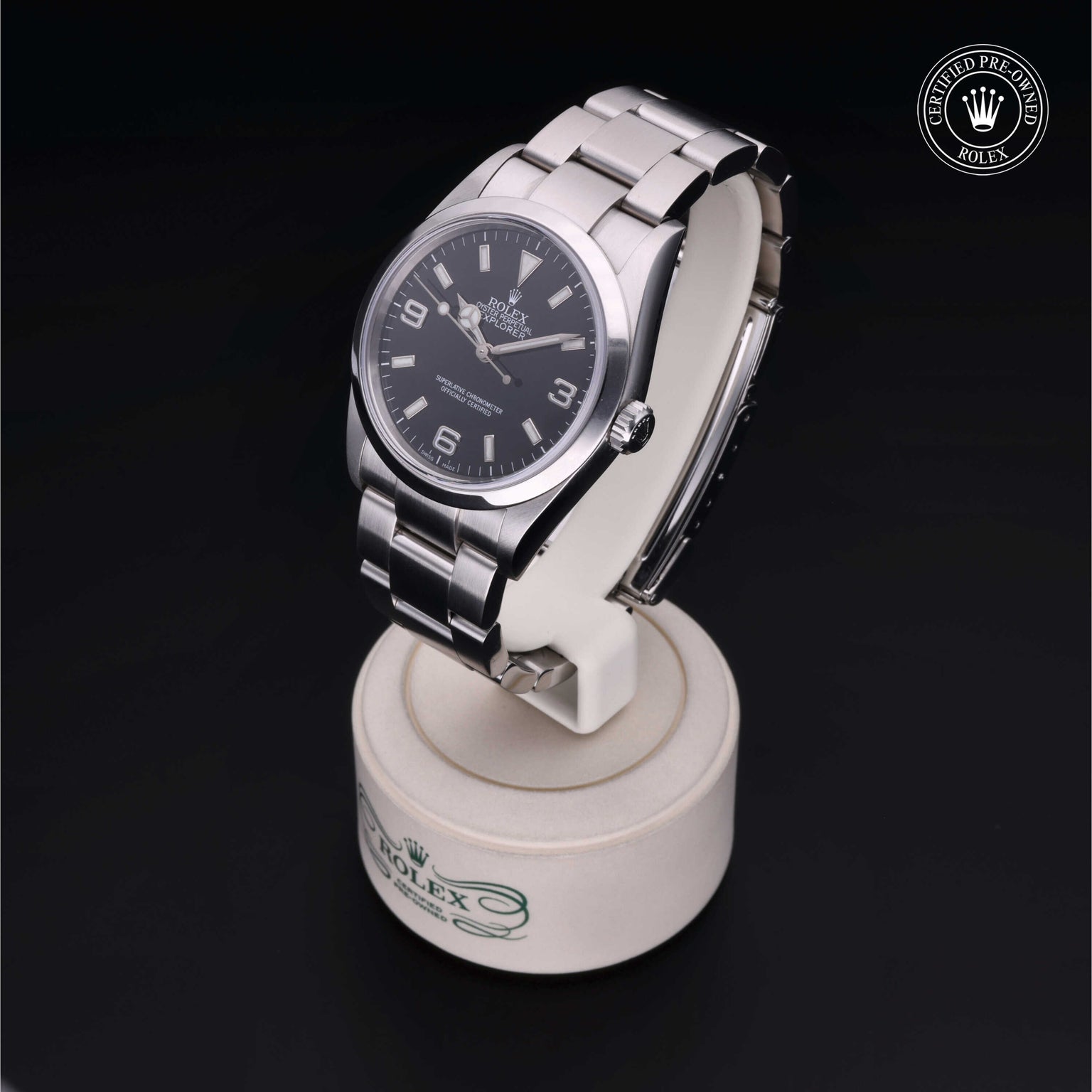Rolex Certified Pre-owned Explorer M114270-0002 front on black background
