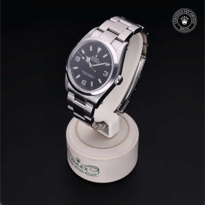 Rolex Certified Pre-owned Explorer M114270-0002 front on black background
