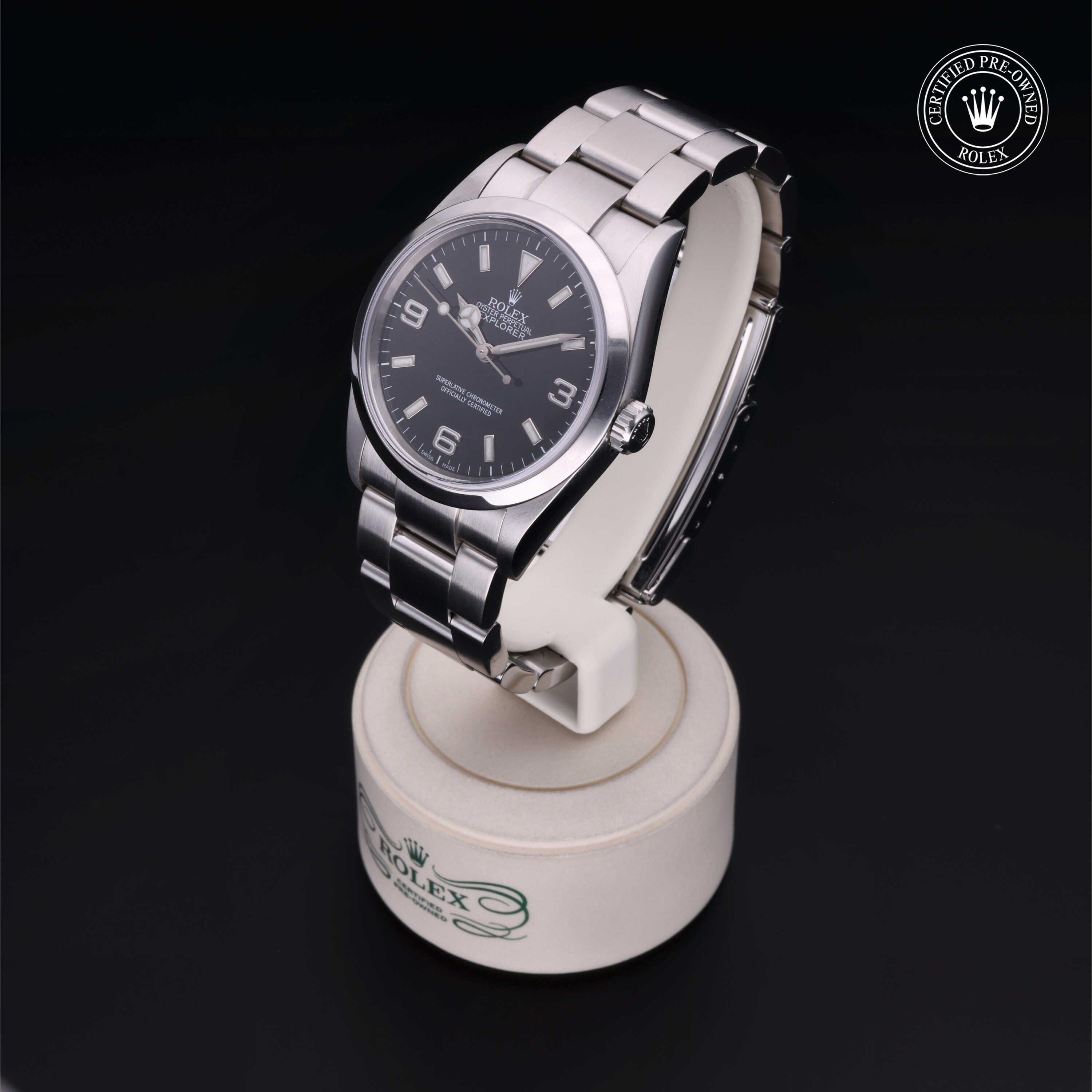 Rolex Certified Pre-owned Explorer M114270-0002 front on black background