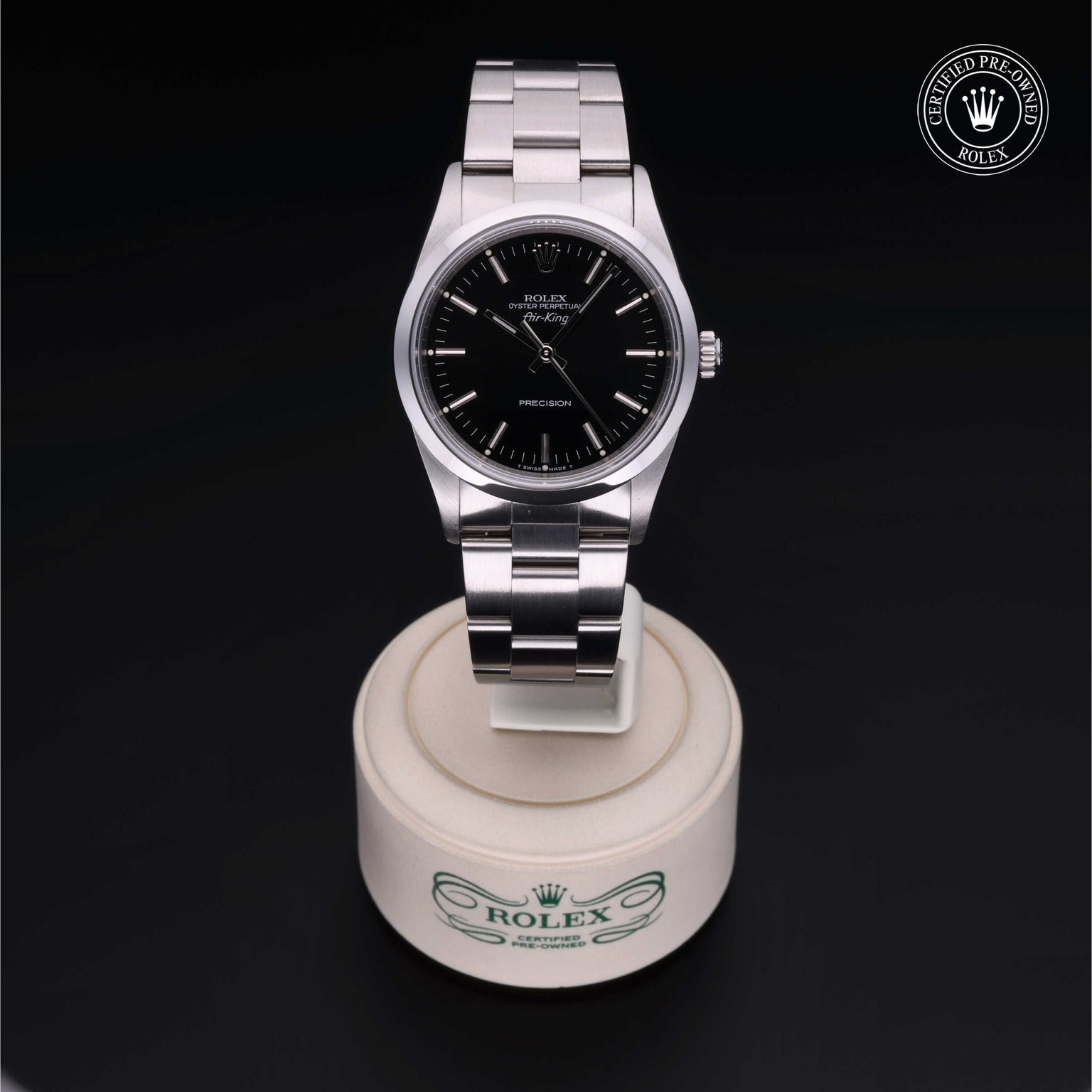 Rolex Certified Pre-owned Air-King M14000-0005 front on black background