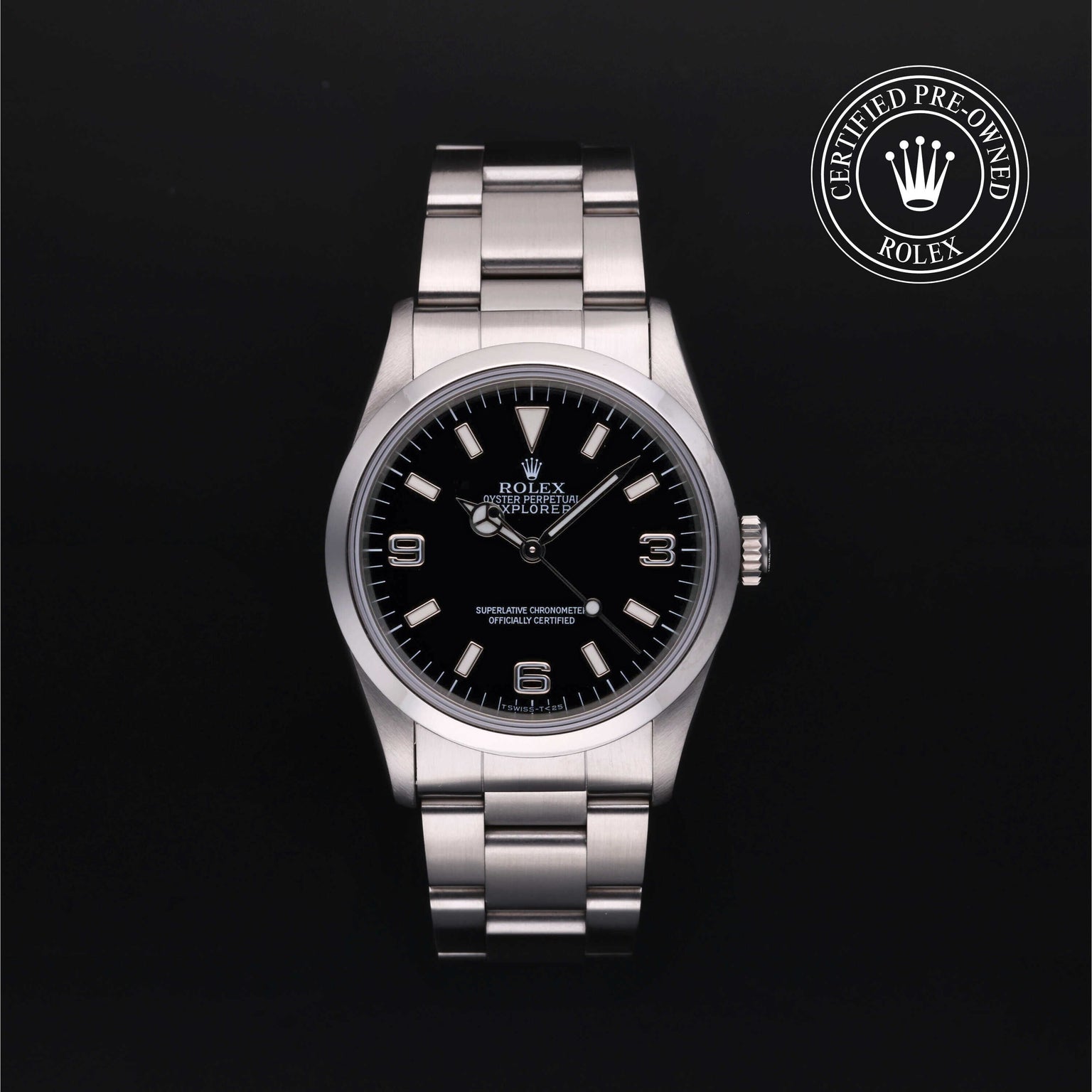 Rolex Certified Pre-owned Explorer M14270-0001 front on black background