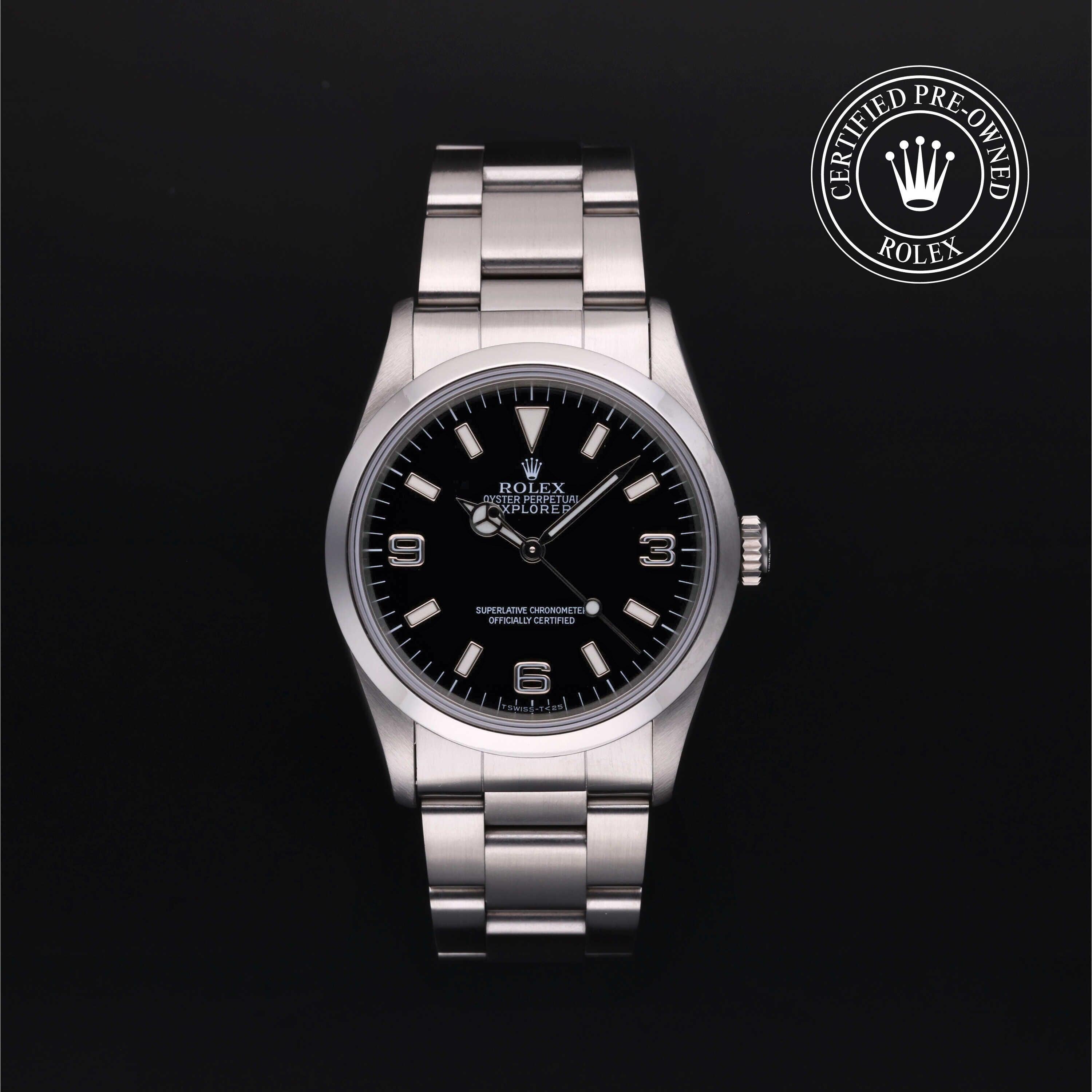 Rolex Certified Pre-owned Explorer M14270-0001 front on black background