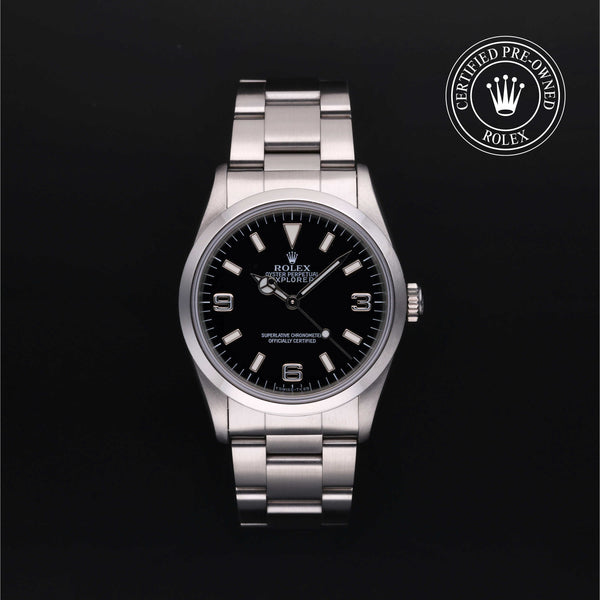 Rolex Certified Pre-owned Explorer M14270-0001 front on black background
