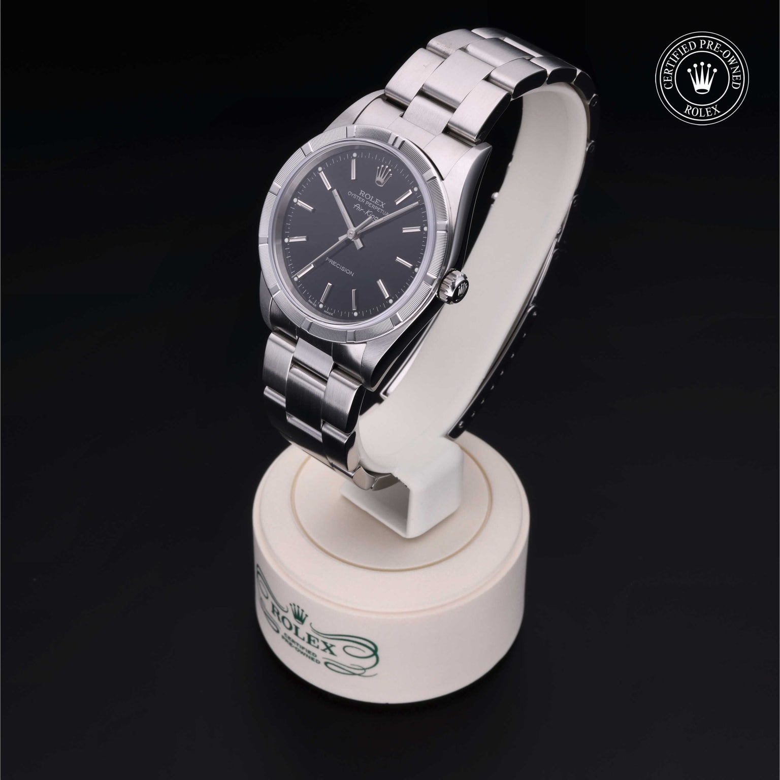 Rolex Certified Pre-owned Air-King M14010M-0012 front on black background