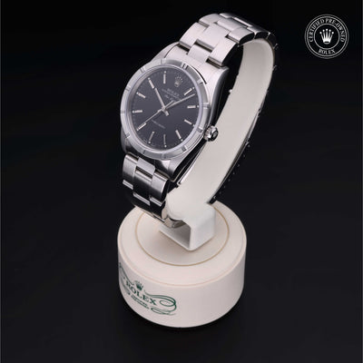 Rolex Certified Pre-owned Air-King M14010M-0012 front on black background