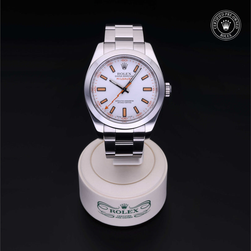Rolex Certified Pre-owned Milgauss M116400-0002 front on black background